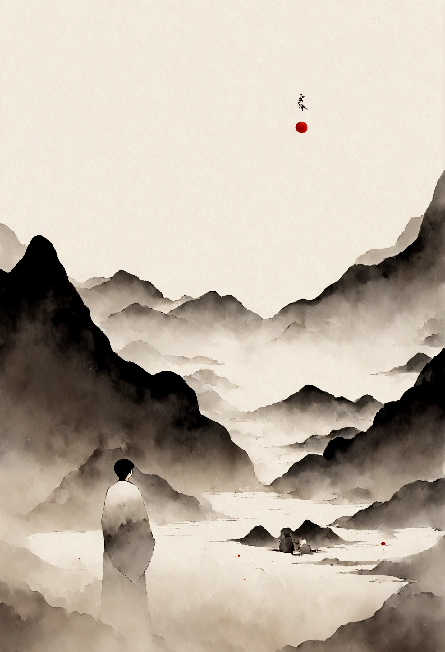 (大量留white:1.5)，white, white色背景, simple, Minimalism, abstract,Freehand，Aesthetic，黑与white，Ink Painting，antiquity，a mountain，People in the distance