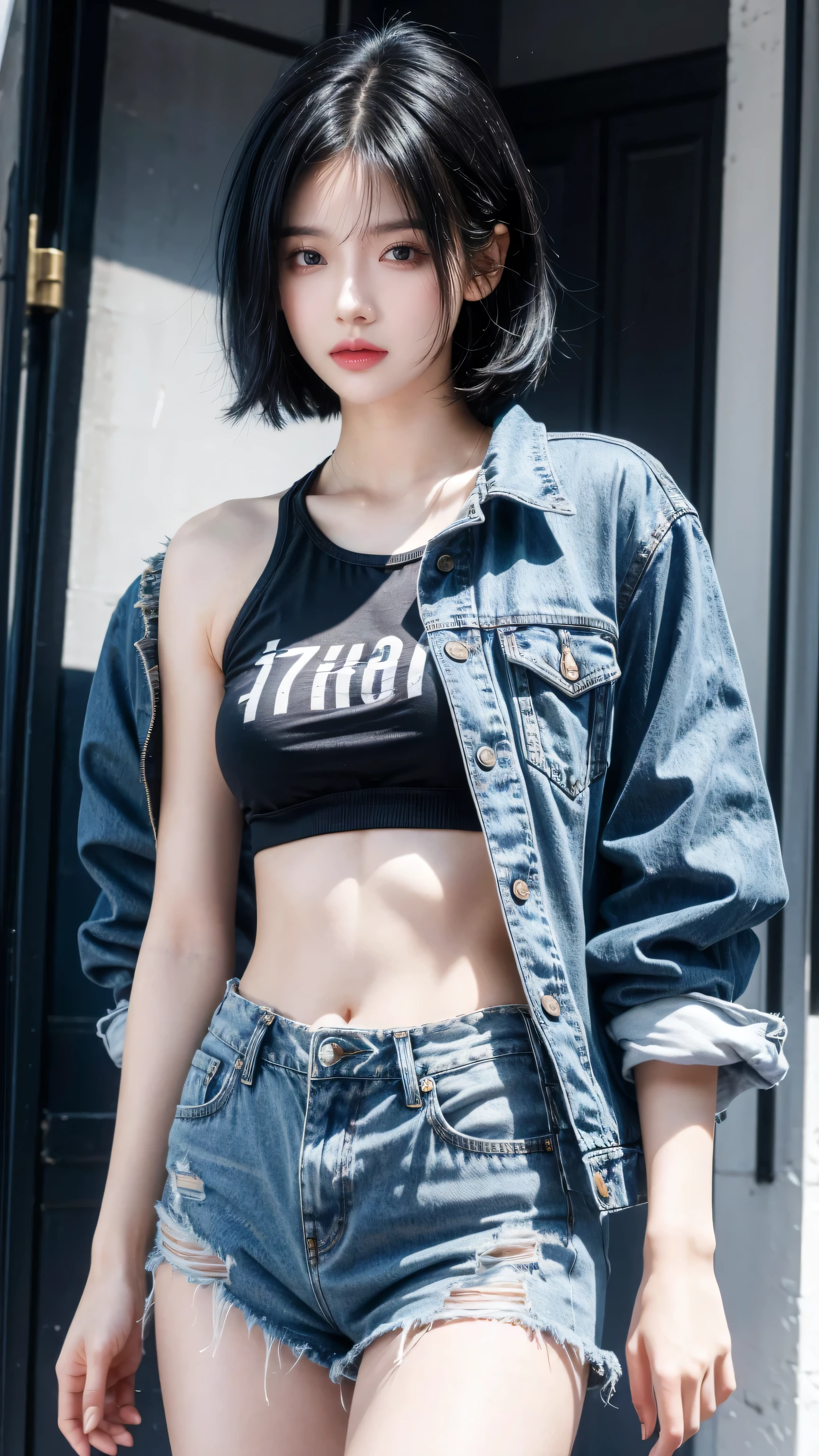 best quality, 1 Girl, dark blue hair, black eyes, Very short hair, Spiky hair, Crop Top Drape, jean jacket, high waist short、171 cm, Messy hair, Hair between the eyes, Tomboy, aldult, 20 years old, 1 Girl on the roftop