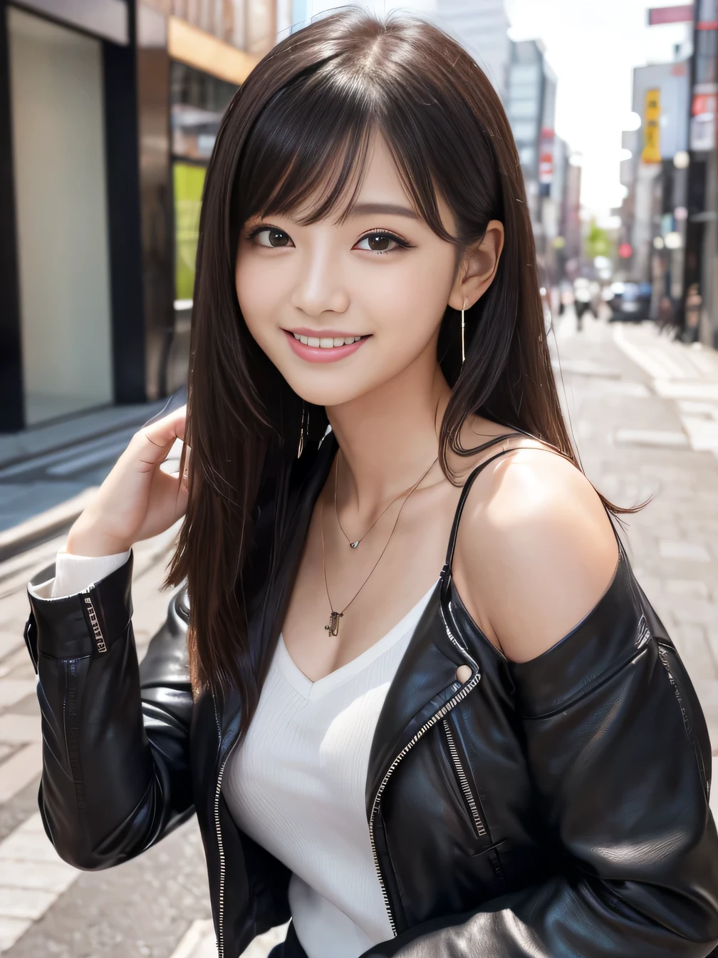 Ultra-high resolution, Superior Quality, highest quality, Very detailed, Realistic, 8k, RAW Photos, highest quality, masterpiece, Attractive girl, Awesome girl, Black Hair、 Shoulder-length layers, Mesh Hair, Japanese Idols, Sophisticated, stylish, leather jacket、shirt、smile、Beautiful teeth alignment、Ear piercing、Necklace around the neck、Random cute poses