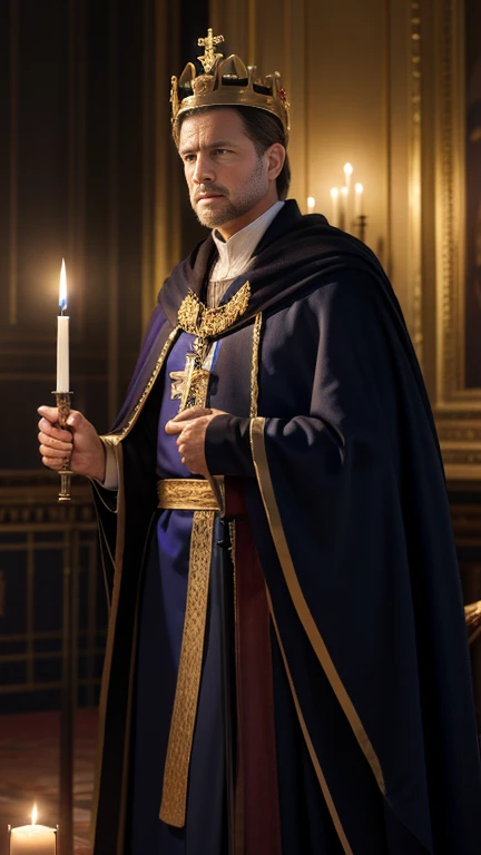 front view, looking at viewer ,English man ,50 years old, England Kingdom King, Sit on a throne, He holds the cross of Iron ,Scepter in one hand, (((a Bible book in one hand:)1.3)), wearing a King Crown, Royal blue the cloak on my back, Black wearing, gold ring, kingdom room, Virgin Mary background painting、 night, candle right, UHD, accurate, anatomically correct, textured skin, super detail, high details, high quality, best quality,