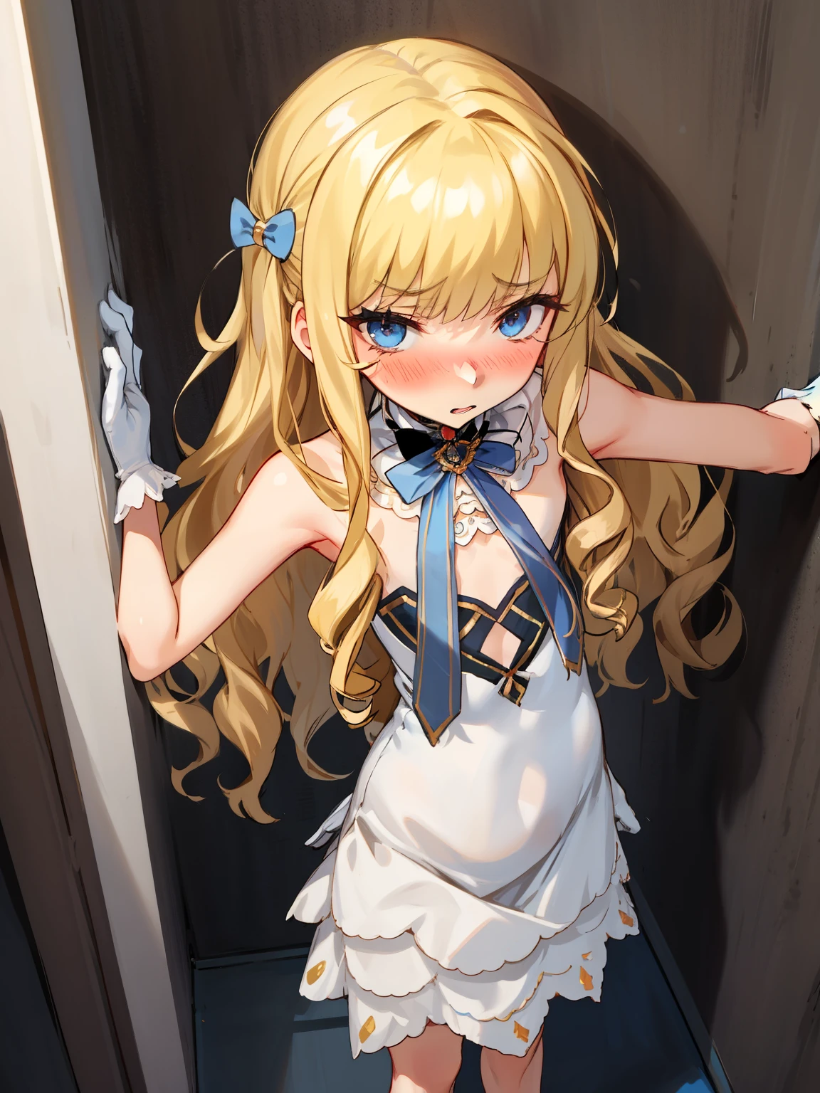 eqlc, 1girl, long hair, solo,  naked body, evening dress(ornate dress), long dress, blonde hair, blue eyes, white gloves,lovely small breasts, flat chest, bow, bangs, covered navel, detached collar, a weary face,parted lips, nose blush, blush,facing viewer, looking at viewer, in the livingroom, wall, kabedon pov, kabedon against wall, standing, ,1boy, hands, shoulders grab, top view 