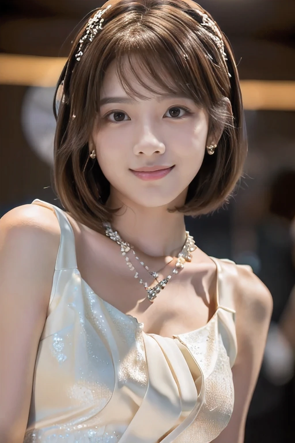 (An 18-year-old woman at a party:1.5)、(Gentle smile:1.2)、(The best quality at its best:1.4), (Super detailed), (Very detailed CG unified 16k), Beautiful woman with perfect figure: 1.4, Sharp focus: 1.2, Very detailed, High-quality RAW color photos, Professional photography, Great face and eyes, cosmetics, (Amazingly beautiful girl), ((Formal party dress:1.5)), Sexy posture，(View from below), Realistic movie faces, Full body long view from head to toe, Realistic, ((Realistic natural orange red hairstyle)), ( Short Bob Hair:1.5), (necklace:1.5)、, Very beautiful face, Perfect model beauty, Mouth swelling, Highly detailed face and skin texture, Fine grain, double eyelid, Medium chest, smile, (masterpiece), highest quality, High resolution, Very detailed, Blurred Background, Depth of written boundary, Cinema Lighting, Great legs, , Clear, well-maintained skin,