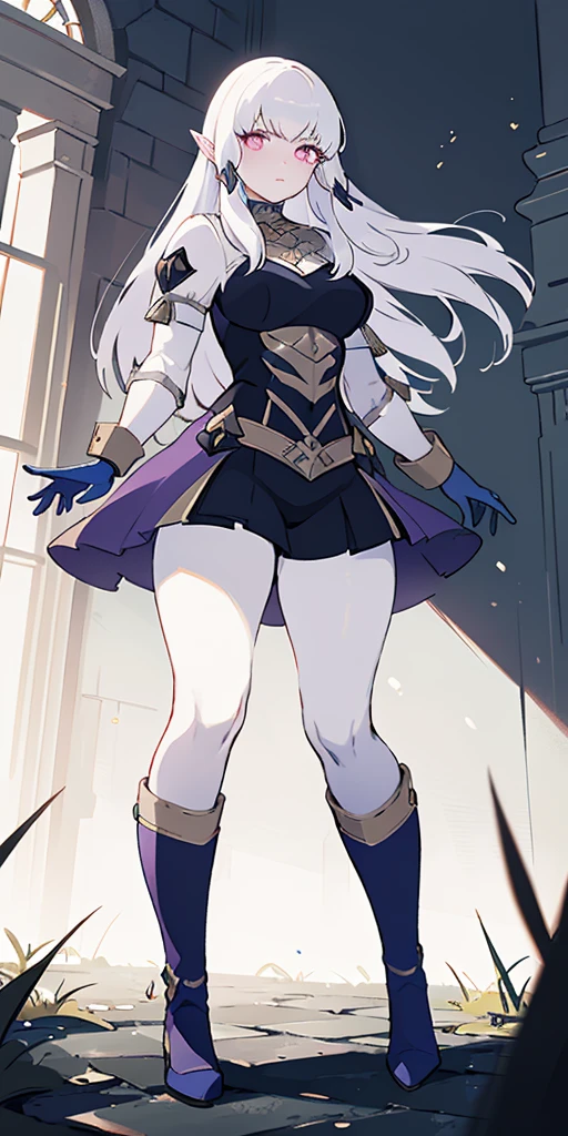 (masterpiece:1.2) (best quality:1.2) (Full body view from below) perfect eyes, perfect face, perfect lighting, 1girlMILF mature drow elf blue skin color, white hair, blue ayes, pointy ears, hyper realistic, Ultra detail, high res, blue bodysuit, blue gloves, bracelet, blue boots, extremely detailed, highly quality, 4k, sharp focus, professional, sharp focus, award winning, cinematic lighting, octane render, unreal engine, volumetrics dtx, Wallpaper Lysithea von Ordelia | Fire Emblem: Three Houses