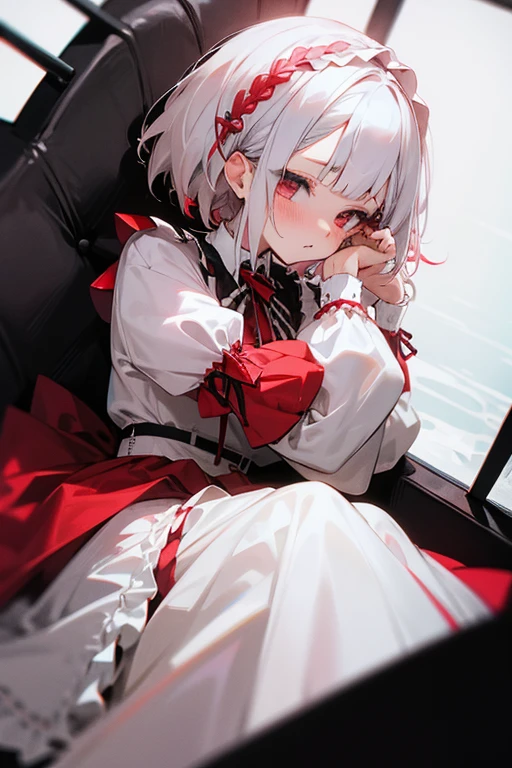 Short white hair, blush, Gothic Lolita、Punk Fashion、Headbang 2.、White and red clothes、Braiding、2 hair clips