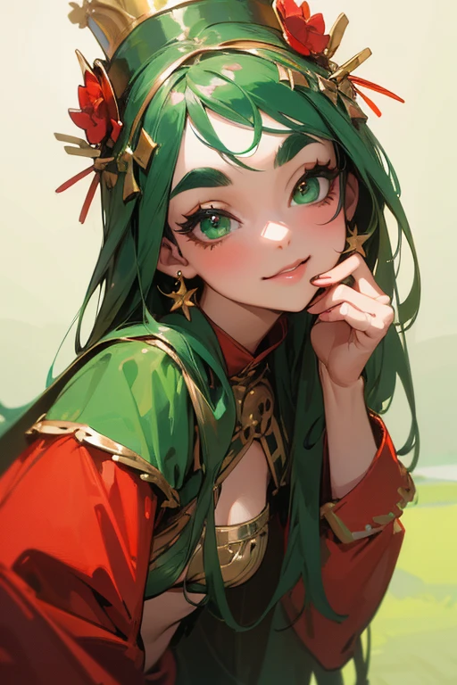 (highest quality, masterpiece:1.2), High resolution, Very detailed, Realistic:1.37, Fantasy, An illustration, Green Eyes、Queen, Red and green swimsuit、Platinum decoration、beautifully、Eyeshadow Red、Thick eyebrows、Long eyelashes、pupils are black、Her hair is dark green、Gold crown、Kissing Face、Embarrassing、Beloved by the crowd、Hair is green、Braiding、hair ornaments、Laugh gently、Close one eye、Wink、Wink、From the waist up、bikini、