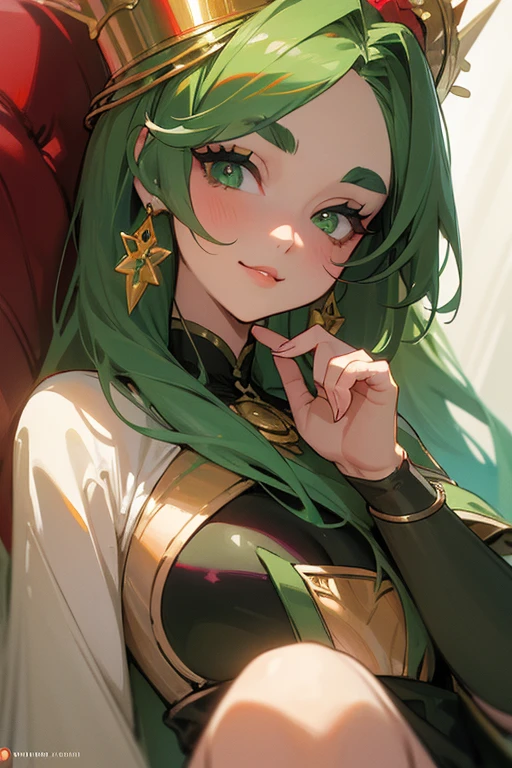 (highest quality, masterpiece:1.2), High resolution, Very detailed, Realistic:1.37, Fantasy, An illustration, Green Eyes、Queen, Red and green swimsuit、Platinum decoration、beautifully、Eyeshadow Red、Thick eyebrows、Long eyelashes、pupils are black、Her hair is dark green、Gold crown、Kissing Face、Embarrassing、Beloved by the crowd、Hair is green、Braiding、hair ornaments、Laugh gently、Close one eye、Wink、Wink、From the waist up、bikini、
