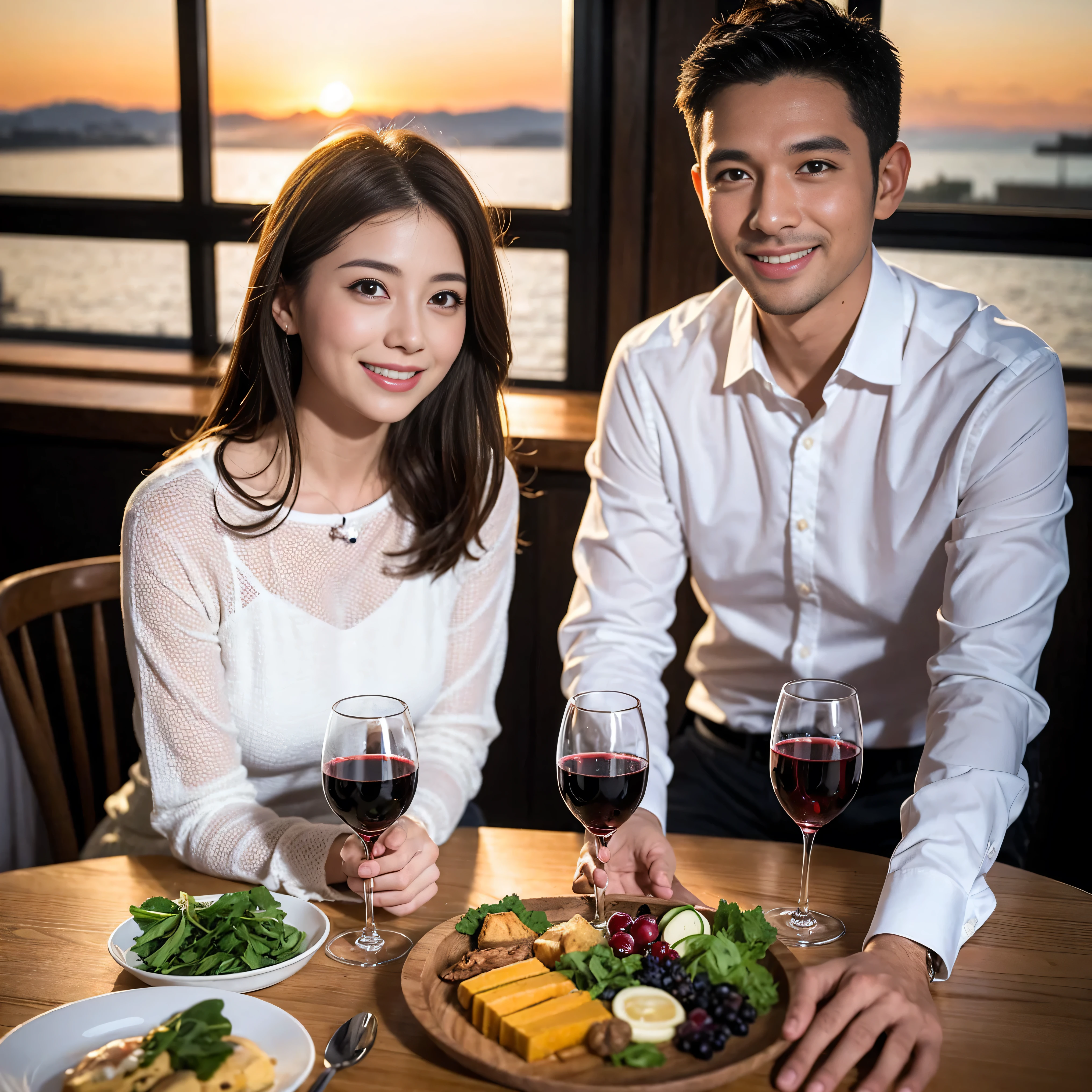 ((highest quality、8k、masterpiece:1.3))、 (Realistic, Real、Bright image、Intricate details:1.2), 1 male 1 female、Satomi Ishihara-like beautiful couple、lover、couple、spouse、Beautiful couple、Happy smile、full-course dinner、 (Slim face), (Slim Body), (Brown Hair), (Short Hair), Wine glass on the table、Please put light on my face、 Amazing view of the sunset sky and clouds、 (Age 35), 39 years old, red wine 、Appetizers、Wine bottle、sparkling wine、Long sleeve shirt、dress、White wine, red wine, wine glass, 