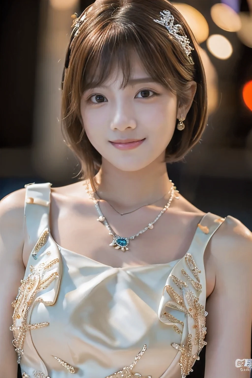 (An 18-year-old woman at a party:1.5)、(Gentle smile:1.2)、(The best quality at its best:1.4), (Super detailed), (Very detailed CG unified 16k), Beautiful woman with perfect figure: 1.4, Sharp focus: 1.2, Very detailed, High-quality RAW color photos, Professional photography, Great face and eyes, cosmetics, (Amazingly beautiful girl), ((Formal party dress:1.5)), Sexy posture,(View from below), Realistic movie faces, Full body long view from head to toe, Realistic, ((Realistic natural orange red hairstyle)), ( Short Bob Hair:1.5), (necklace:1.5)、, Very beautiful face, Perfect model beauty, Mouth swelling, Highly detailed face and skin texture, Fine grain, double eyelid, Medium chest, smile, (masterpiece), highest quality, High resolution, Very detailed, Blurred Background, Depth of written boundary, Cinema Lighting, Great legs, , Clear, well-maintained skin,