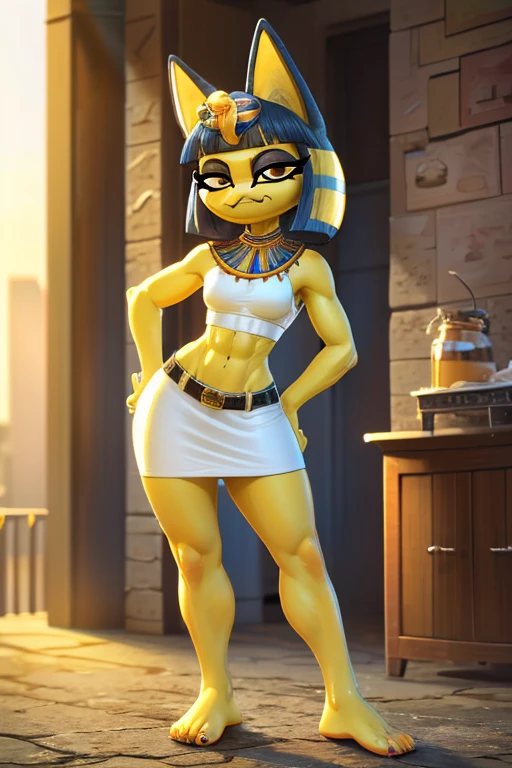 ((best quality)), ((masterpiece)), (detailed), perfect face, a digital artwork of a barefoot sexy Ankha with abs wearing a crop top of her white  sleeveless  dress outfit with white long skirt, a bare midriff and a bare navel, Egyptian setting, smug face, 