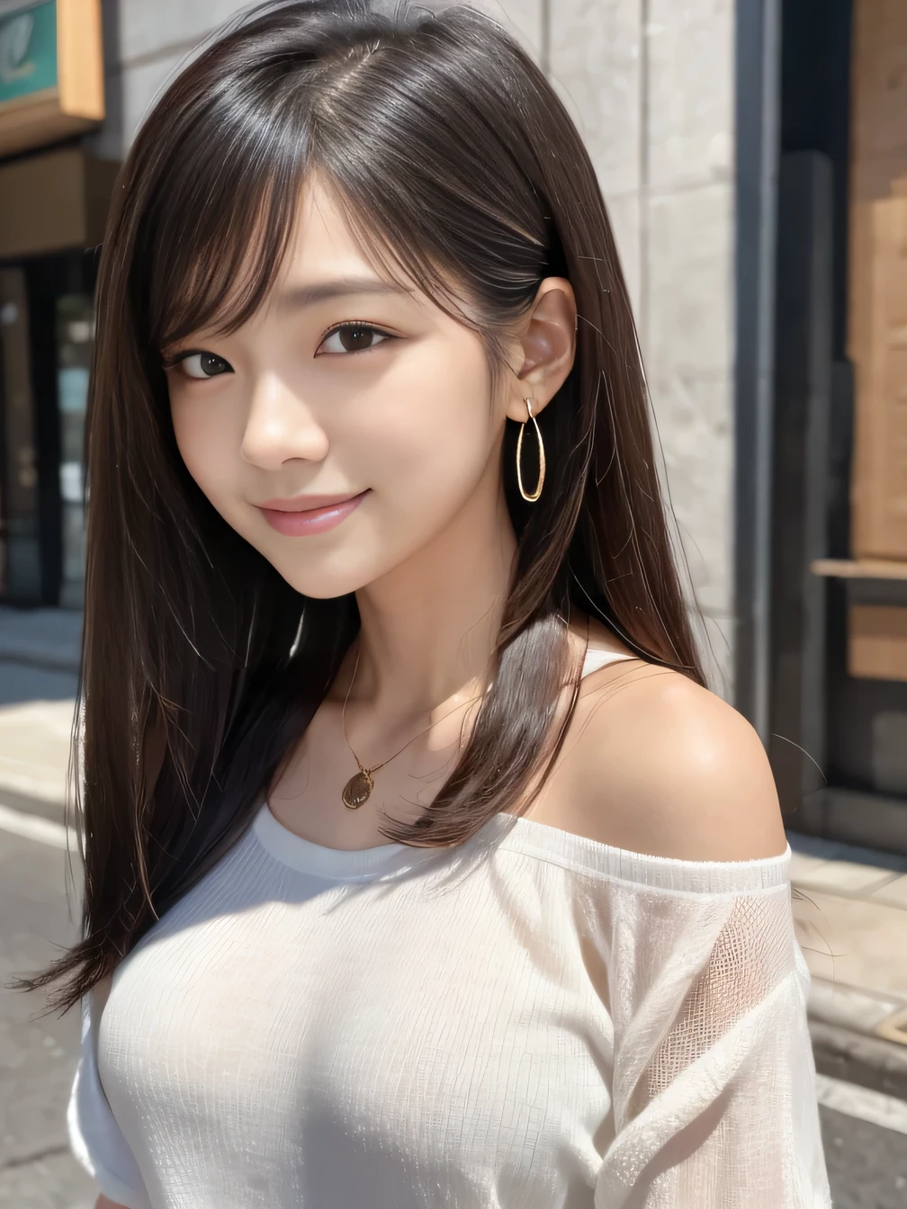 Ultra-high resolution, Superior Quality, highest quality, Very detailed, Realistic, 8k, RAW Photos, highest quality, masterpiece, Attractive girl, Awesome girl, Black Hair、 Shoulder-length layers, Mesh Hair, Japanese Idols, Sophisticated, stylish, leather jacket、Wear it on your shoulder、Not through the sleeves、shirt、smile、Beautiful teeth alignment、Ear piercing、Necklace around the neck、
