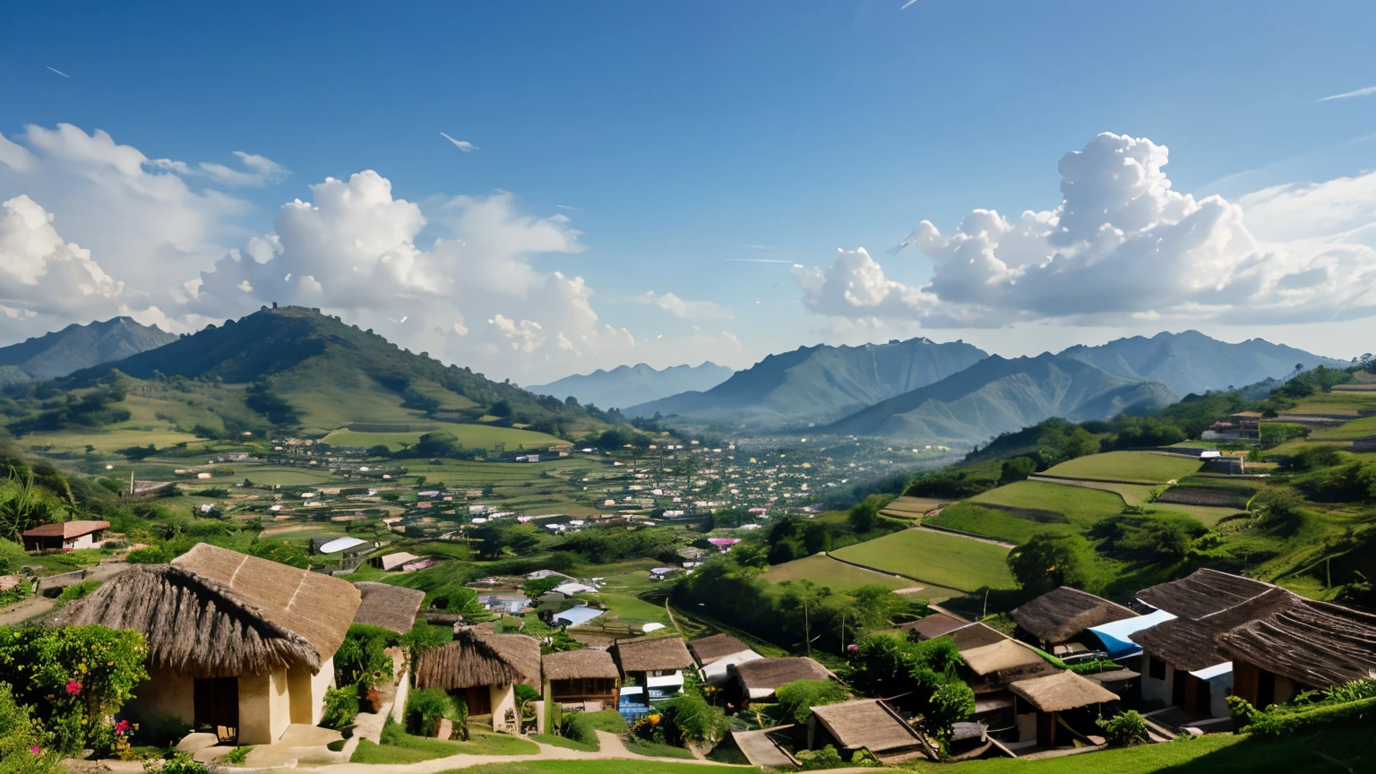 Describe Maya's village nestled between rolling hills.