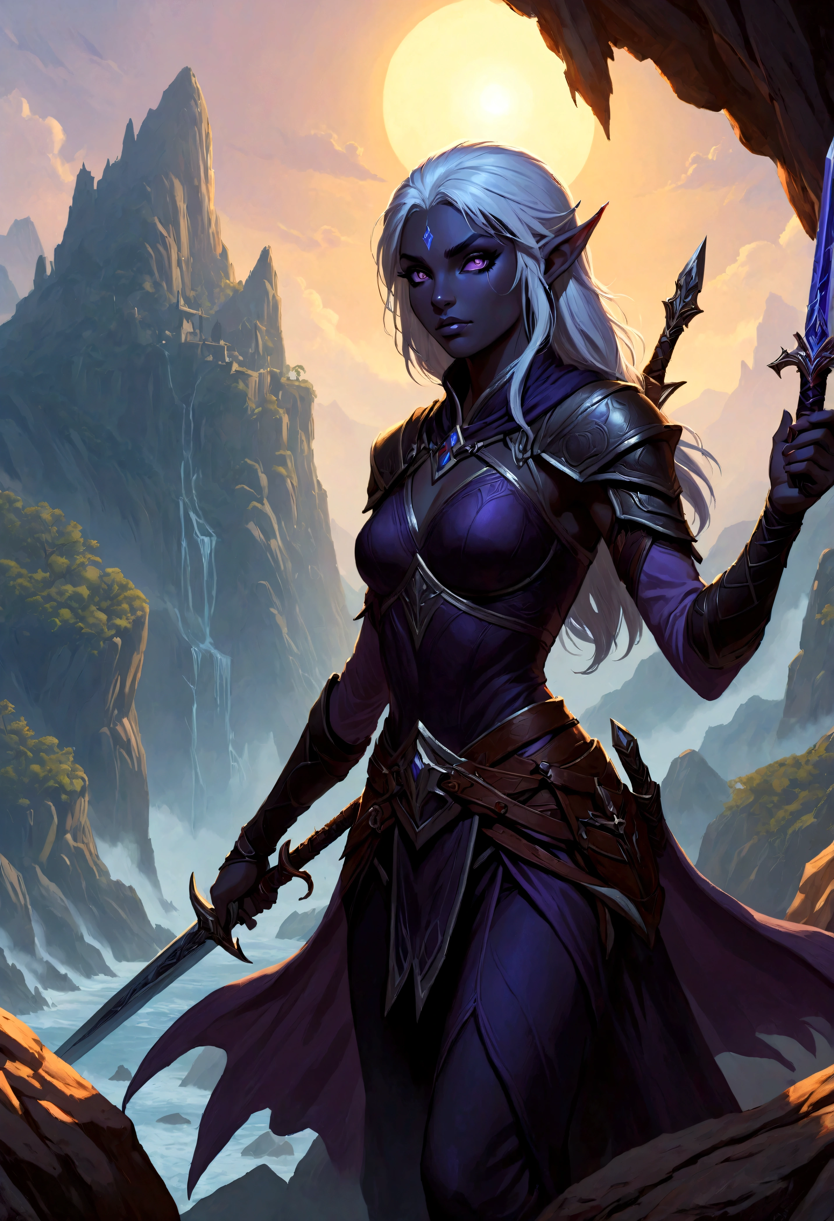 Close-up of a man holding a sword near the rocks,climb岩，climb， Noah Bradley (Noah Bradley) Inspiring Portraits, cg social hot spots, Fantasy Art, Drow, Drow ranger, female Drow elf, perfect Drow, handsome Drow, Dark Elves maiden, Dark Elves, Portrait of Drizzt Durden, male Drow, Dark Elves princess