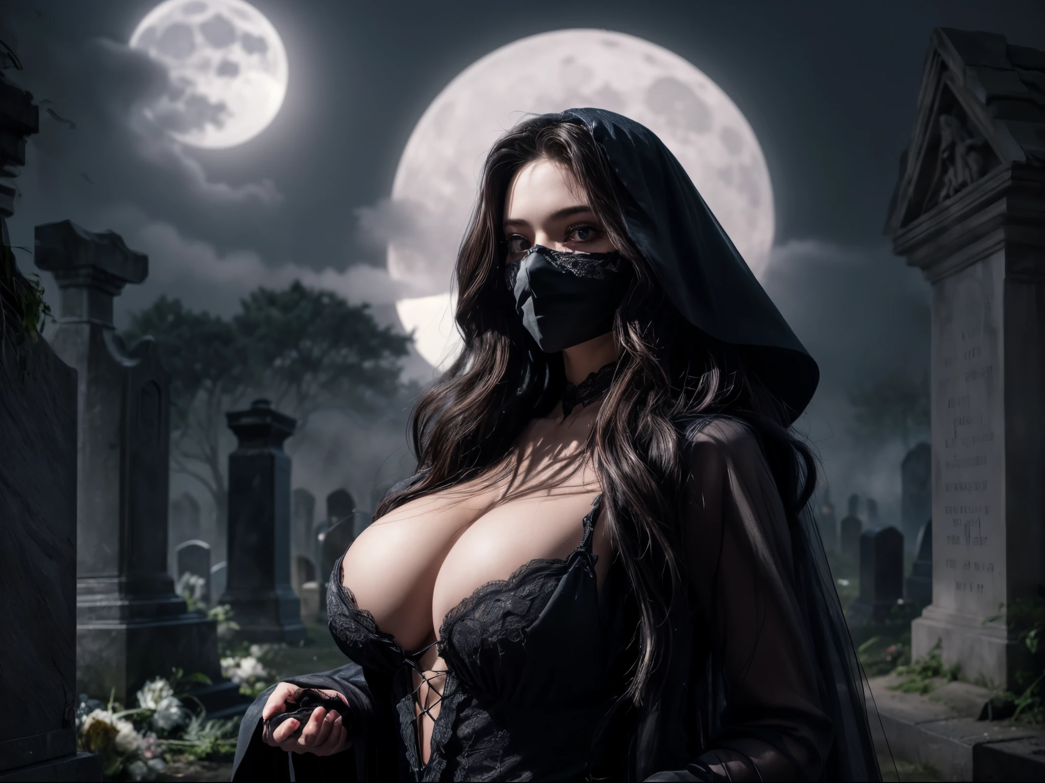 1girl, detailed face, very long hair, drapped lace dark gown, cemetery complex, eerie glow moonlight, (shrouded by mist:1.2), masterpiece, best quality, cinematic, evil, wide eye glaring at viewer, (full body:0.8), gigantic breasts, 