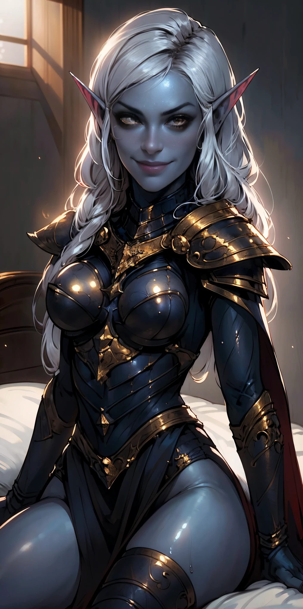 masterpiece, best quality, CG, wallpaper, HDR, high quality, high-definition, extremely detailed, drow, colored skin, dark elf, blue skin, grey skin, pointy ears, cape, armor, looking at viewer, 1girl on bed masturbate, dimmed light, brown eyes, long hair, chibi, red cheeks, sweat 😓 (happy smile closed mouth)