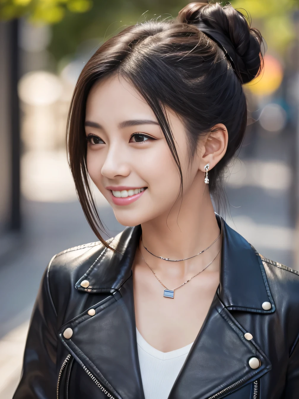 Ultra-high resolution, Superior Quality, highest quality, Very detailed, Realistic, 8k, RAW Photos, highest quality, masterpiece, Attractive girl, Awesome girl, Black Hair、Hairstyle bun、 Japanese Idols, Sophisticated, stylish, leather jacket、shirt、smile、Beautiful teeth alignment、Ear piercing、Necklace around the neck、
