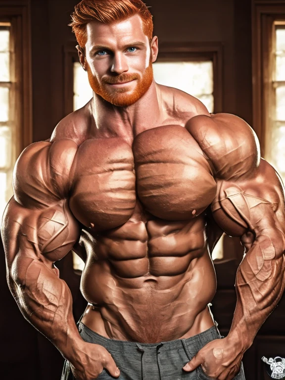 (GS-Masculine:1), 1boy, looking at viewer, detailed realistic open eyes, (mischievous smirk:1.2):1.2, (seductive expression), redhead stud standing, ginger eyebrows, (sunrise):1.2, dapper charming man, (ginger:1.2), hairy chest, sideburns, dimpled chin, soft and inviting, warm lighting, portrait, dappled light, freckles, (hyper pecs:1.5), (large muscles:1.5), blue eyes, bedroom