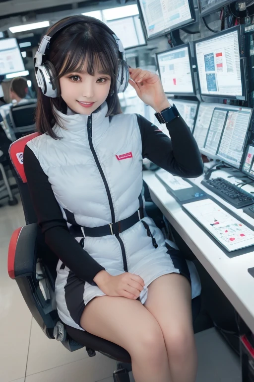 masterpiece, highest quality, Very detailed, 8K Portrait,Japanese Android Girl,plump , Control panel,Robotic arms and legs, Blunt bangs,,break (Metallic Gray, Metallic luster, Mirror finish, Astro Best):5,headphone:5,break (Black sleeves):100,Smart Watches,Futuristic space station,Control Room,break headphone,blue eyes,(Black Hair):2,(Long Hair):1.3,Displaying the viewer,(respirator),break blush:3,Hidden Hand,smile