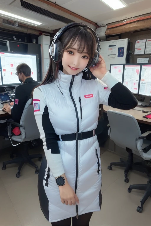 masterpiece, highest quality, Very detailed, 8K Portrait,Japanese Android Girl,plump , Control panel,Robotic arms and legs, Blunt bangs,,break (Metallic Gray, Metallic luster, Mirror finish, Astro Best):5,headphone:5,break (Black sleeves):100,Smart Watches,Futuristic space station,Control Room,break headphone,blue eyes,(Black Hair):2,(Long Hair):1.3,Displaying the viewer,(respirator),break blush:3,Hidden Hand,smile