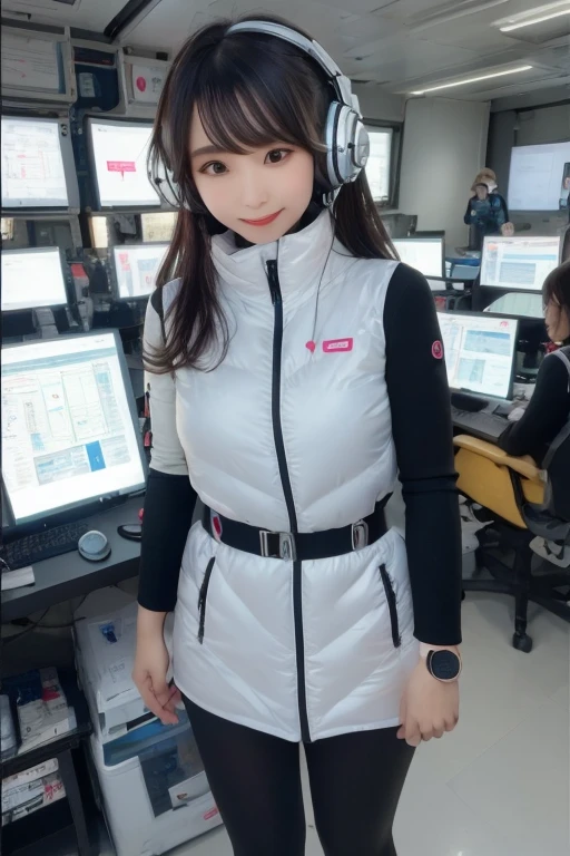 masterpiece, highest quality, Very detailed, 8K Portrait,Japanese Android Girl,plump , Control panel,Robotic arms and legs, Blunt bangs,,break (Metallic Gray, Metallic luster, Mirror finish, Astro Best):5,headphone:5,break (Black sleeves):100,Smart Watches,Futuristic space station,Control Room,break headphone,blue eyes,(Black Hair):2,(Long Hair):1.3,Displaying the viewer,(respirator),break blush:3,Hidden Hand,smile
