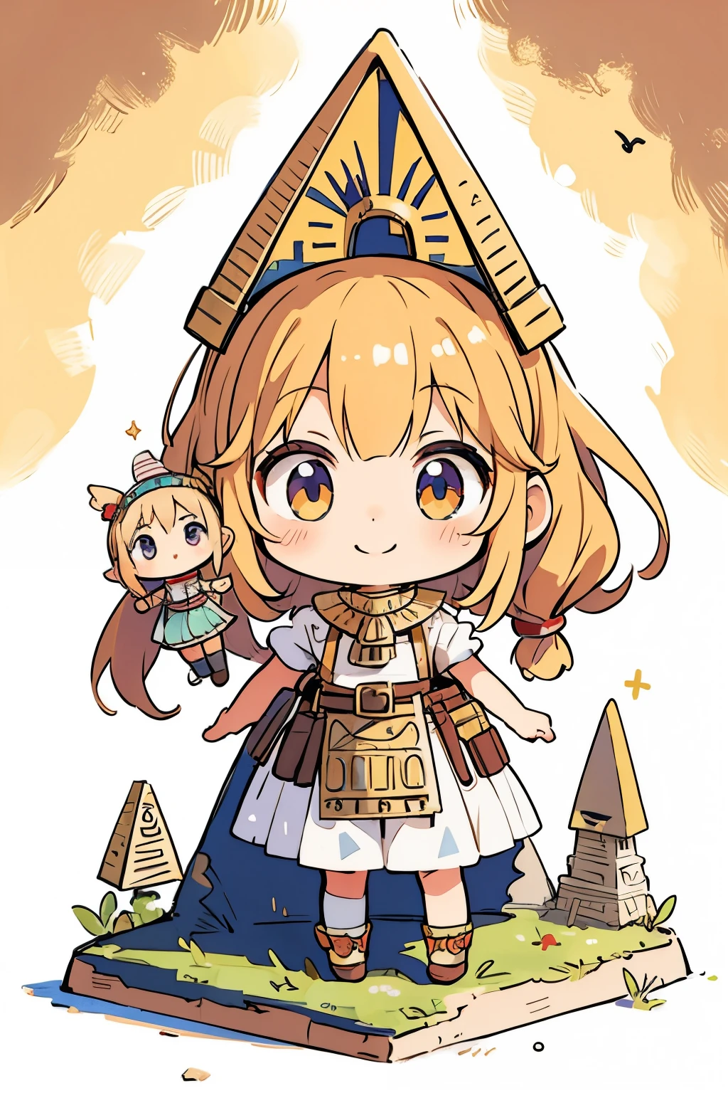 Photorealistic、Chibi Girl Doll(Visit the Egyptian Pyramids、smile、Adventurer Style)