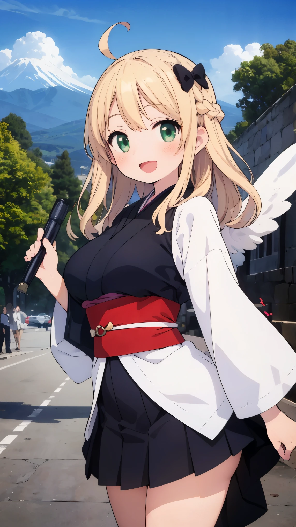 (8k, RAW photo, best quality, masterpiece, highres, absurdres, ultra detailed:1.3), (Photography, realistic, photo-realistic:1.4), (beautiful natural lighting, beautiful deatailed shadow, beautiful detailed glow :1.4), atmospheric,
BREAK 1 beautiful girl,with a girl,(kawaii:1.5),(Chibi:0.5),(cute:2),(Loli:2),(12 year old girl),(big and full breasts:1.65),(Ahoge, crown braid hair,blonde hair,twim tail, blue bow, green eyes,eyebrows visible through hair,side lock,parted bangs,long hair, hair flower, hair ornaments, curly hair,bow:1.4),(Angel,white feathers, one white wing, Angel wings,spread your wings, shining wings),pit \(Kid Icarus\),glowing skin,transparent skin,radiant beautiful skin,(shy,:d,blush:1.25),
BREAK
//Character
1girl,
BREAK
BREAK
girl wearing kimono, beautiful black straight hair, ukiyoe style, India-ink painting, watercolor, Mt Fuji and cloud in background, smile,
BREAK wakame,wakame,wakame,(cowboy shot, from front:1.4), BREAK manga illustration,manga style,