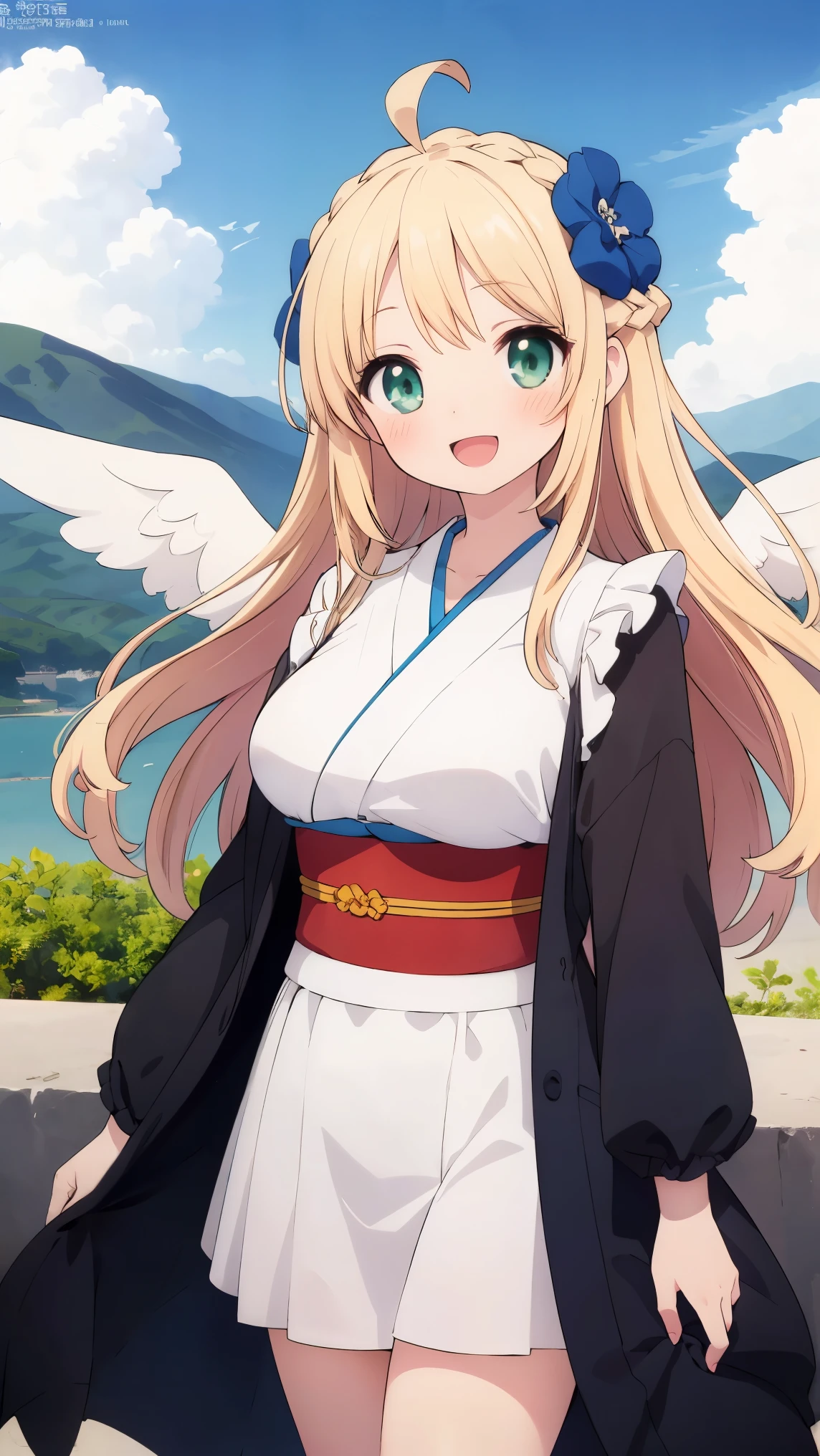 (8k, RAW photo, best quality, masterpiece, highres, absurdres, ultra detailed:1.3), (Photography, realistic, photo-realistic:1.4), (beautiful natural lighting, beautiful deatailed shadow, beautiful detailed glow :1.4), atmospheric,
BREAK 1 beautiful girl,with a girl,(kawaii:1.5),(Chibi:0.5),(cute:2),(Loli:2),(12 year old girl),(big and full breasts:1.65),(Ahoge, crown braid hair,blonde hair,twim tail, blue bow, green eyes,eyebrows visible through hair,side lock,parted bangs,long hair, hair flower, hair ornaments, curly hair,bow:1.4),(Angel,white feathers, one white wing, Angel wings,spread your wings, shining wings),pit \( Icarus\),glowing skin,transparent skin,radiant beautiful skin,(shy,:d,blush:1.25),
BREAK
//Character
1girl,
BREAK
BREAK
girl wearing kimono, beautiful black straight hair, ukiyoe style, India-ink painting, watercolor, Mt Fuji and cloud in background, smile,
BREAK wakame,wakame,wakame,(cowboy shot, from front:1.4), BREAK manga illustration,manga style,