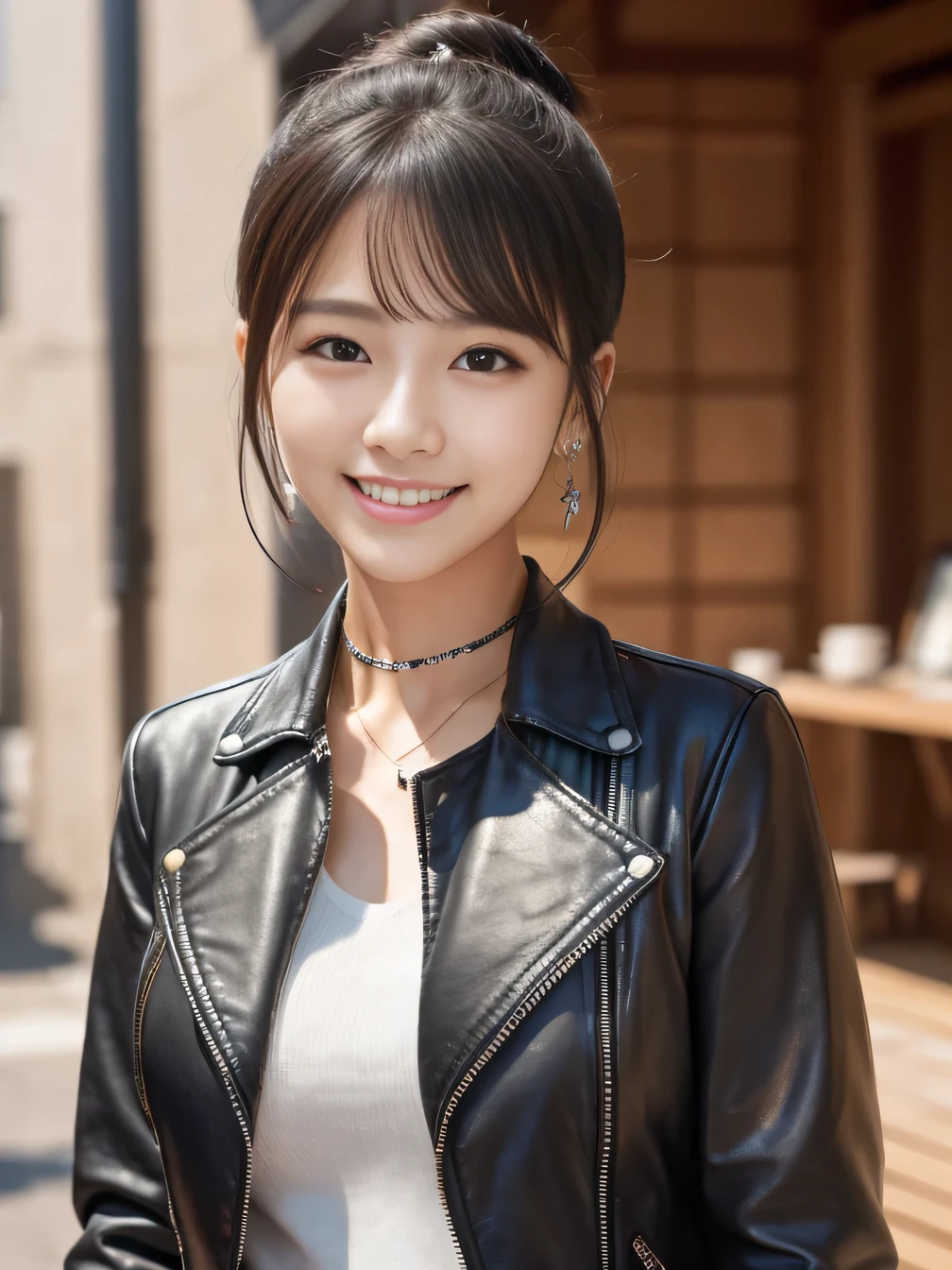Ultra-high resolution, Superior Quality, highest quality, Very detailed, Realistic, 8k, RAW Photos, highest quality, masterpiece, Attractive girl, Awesome girl, Black Hair、Hairstyle bun、 Japanese Idols, Sophisticated, stylish, leather jacket、shirt、smile、Beautiful teeth alignment、Ear piercing、Necklace around the neck、


