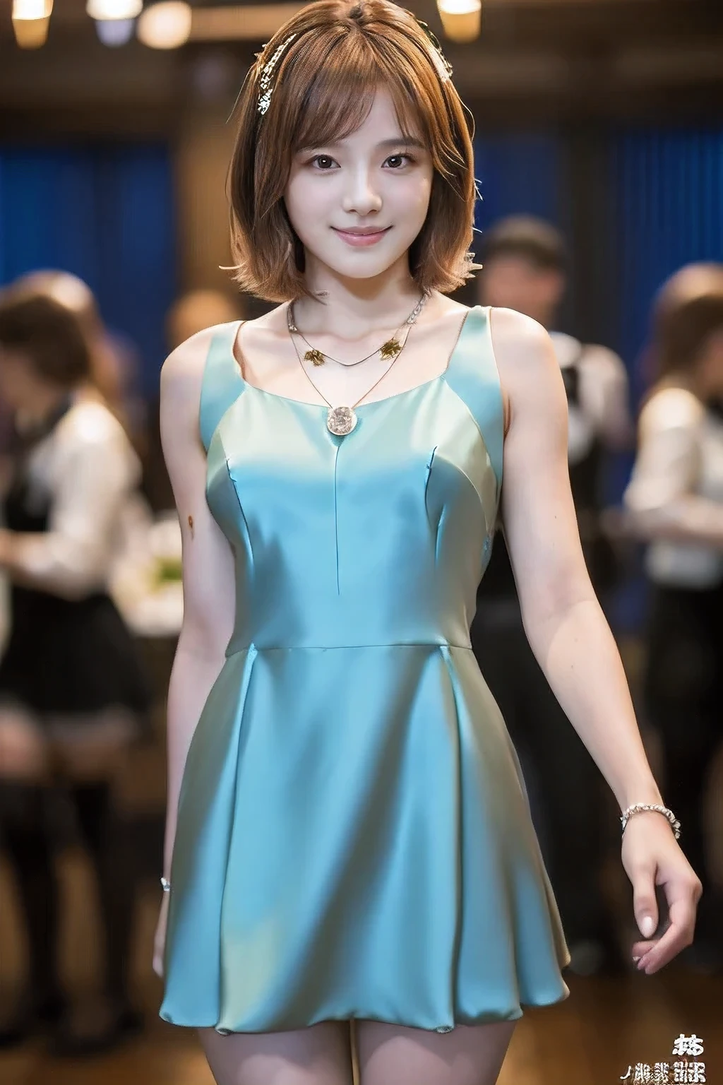 (An 18-year-old woman at a party:1.5)、(Gentle smile:1.2)、(The best quality at its best:1.4), (Super detailed), (Very detailed CG unified 16k), Beautiful woman with perfect figure: 1.4, Sharp focus: 1.2, Very detailed, High-quality RAW color photos, Professional photography, Great face and eyes, cosmetics, (Amazingly beautiful girl), ((Formal party dress:1.5)), Sexy posture,(View from below), Realistic movie faces, Full body long view from head to toe, Realistic, ((Realistic natural orange red hairstyle)), ( Short Bob Hair:1.5), (necklace:1.5)、, Very beautiful face, Perfect model beauty, Mouth swelling, Highly detailed face and skin texture, Fine grain, double eyelid, Medium chest, smile, (masterpiece), highest quality, High resolution, Very detailed, Blurred Background, Depth of written boundary, Cinema Lighting, Great legs, , Clear, well-maintained skin,((Full Body Shot:1.5))