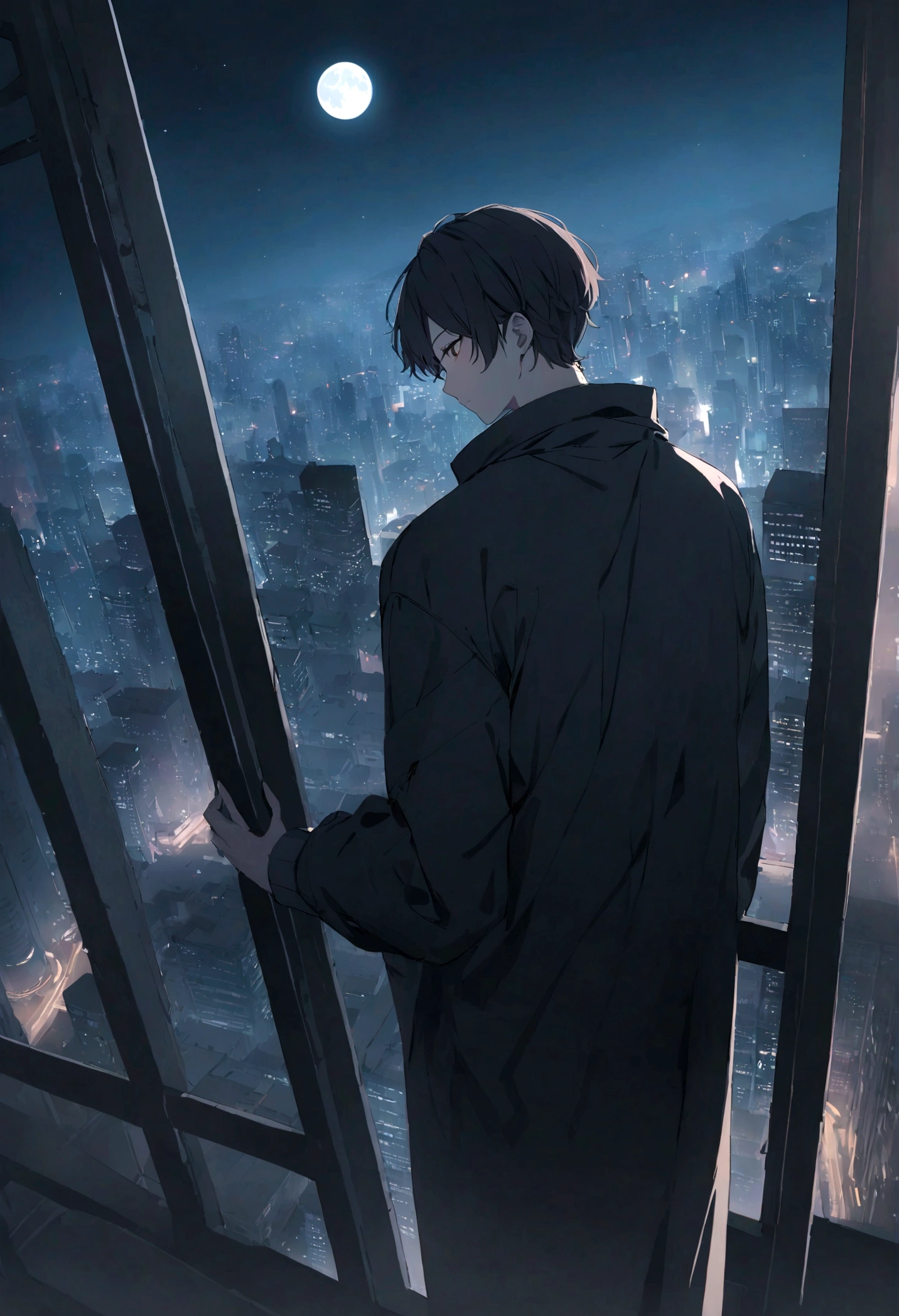 nighttime view of a man standing on a balcony looking at the Asia city, there is a moon above, pexels, digital art, looking at the city, looking over city, stunning moody cinematography, beautiful cinematography, overlooking a modern city, calm night. over shoulder shot, cyberpunk night street, cyberpunk street at night, busy cyberpunk metropolis, sci-fi cyberpunk city street