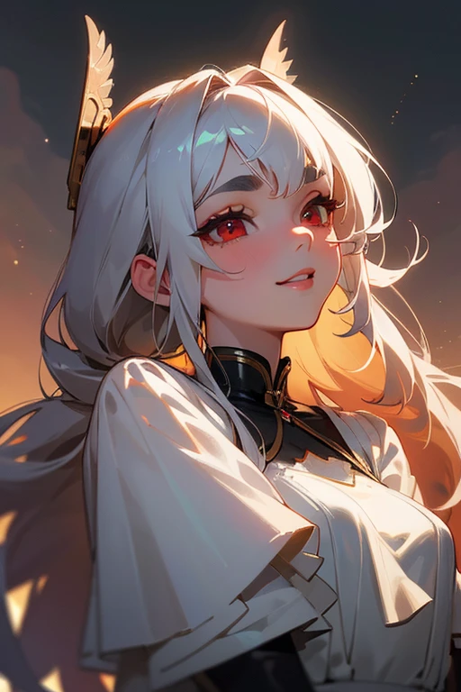 (highest quality, masterpiece:1.2), High resolution, 最高masterpiece、Very detailed, Realistic:1.37, Fantasy, An illustration,Gray Hair、 Red eyes、Queen, White Dress、beautifully、Eyeshadow Red、Thick eyebrows、Long eyelashes、pupils are black、shiny on the lips、Top Sites、Queen、Princess、A kind smile、Show your teeth a little and smile、Soft impression、people々々々々々Loved by、Slimming the face、Shoulder Bare、Sexy braids、Kissing Face、Long white hair、Shaggy Bangs、Gazing at the night sky、Save a face image、machine gun