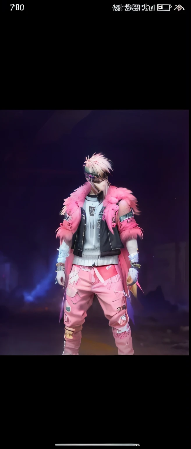 there is a man in a pink outfit and a pink feathered vest, as a character in tekken, multilayered outfit, mechanic punk outfit, stylish coat for a rave, cyberpunk street ????, feather suit, coat for a rave with fur, coat for a rave, fursona wearing stylish clothes, style blend of burning man, dressed in crustpunk clothing