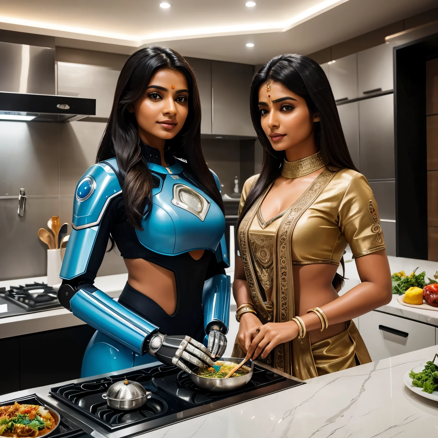 a very beautiful Indian women co living with a futuristic high-tech robot, both working in kitchen decorating some amazing variety of dishes, lots of Indian foods, futuristic high tech modern kitchen background, futuristic ai kitchen equipment, incredibly detailed, ultra realistic, 8k