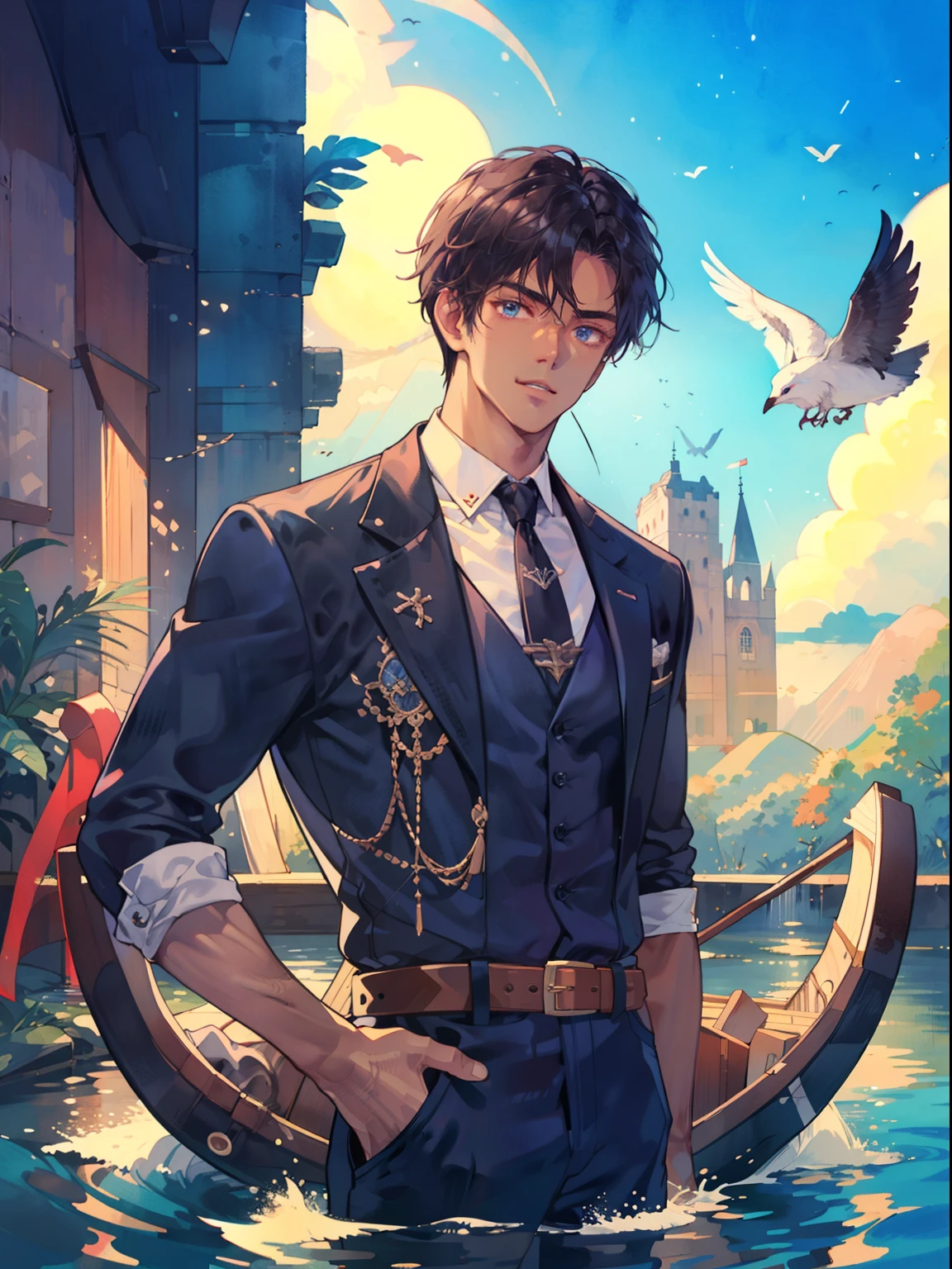 dark-skinned man, tall and muscular build, 28 years old, clean and gentleman-like attire, dandy, 14th century dark blue costume, brown leather belt with Damascus steel buckle, rowing a boat in a river, black hair, beautiful blue eyes, gentle smile, handsome, Anime Style, Clean small surfaces, highest quality、Ultra - High Resolution、Detailed CG、8k unit wallpaper、