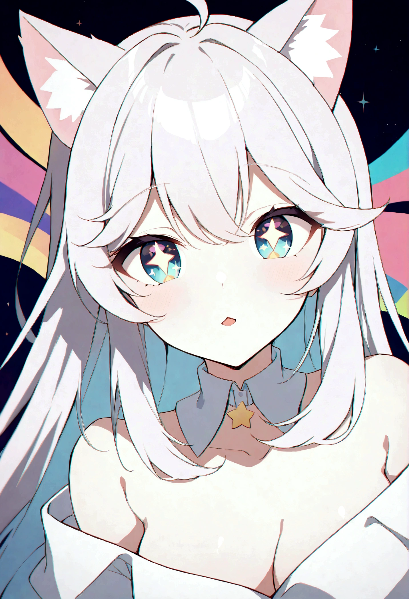 (masterpiece, best quality), ((1girl, (mature female) long hair), (star-shaped pupils,  +_+, symbol-shaped pupils, sparkling eyes), (cat ears, open open mouth)), (looking at viewer, light smile, off shoulder), (abstract, multicolored background, abstract background, chromatic aberration),