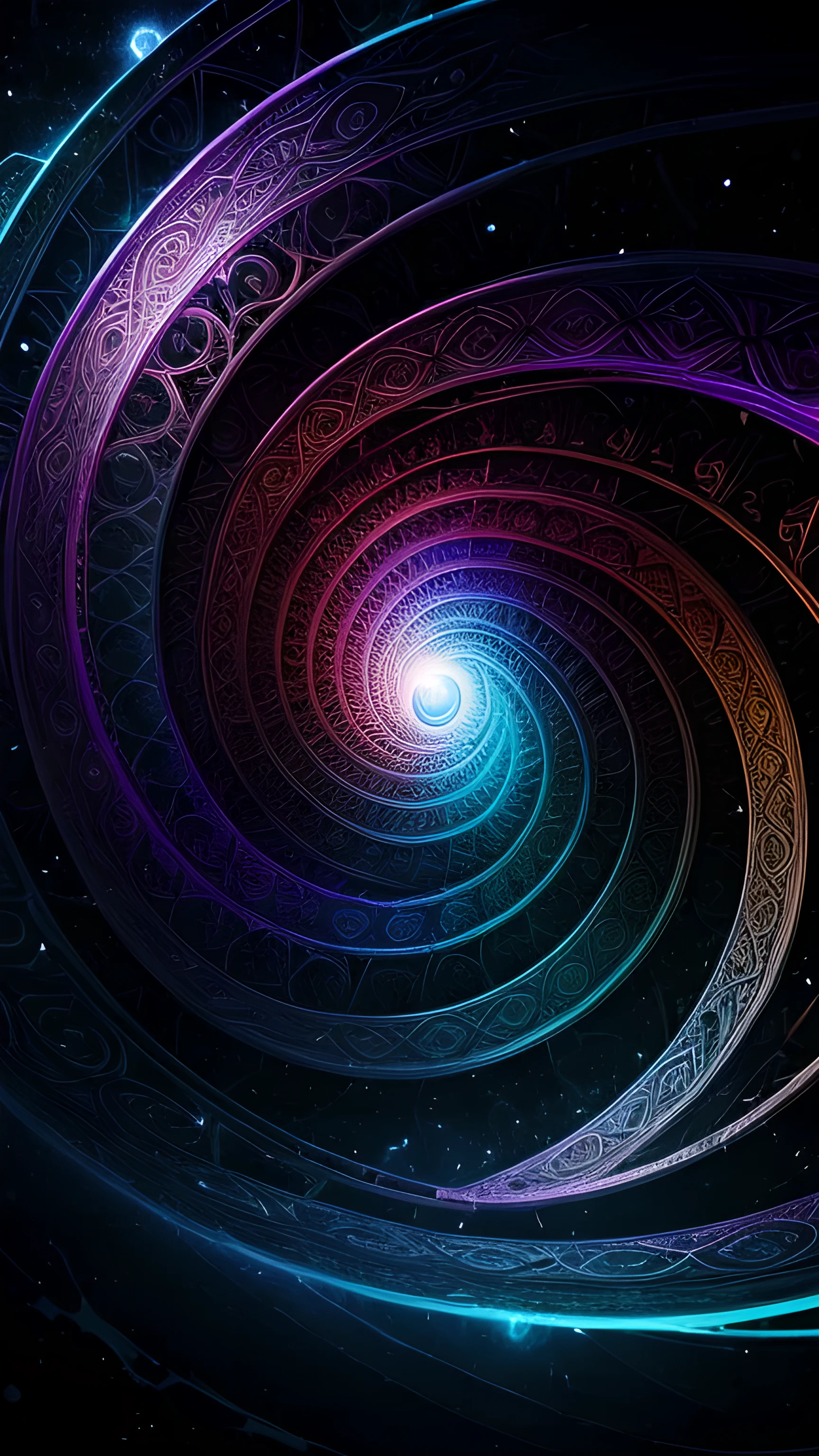 a breahtaking epic artwork of a mage, a spell breaking the laws of phisics, (will break your mind, patterns, science, determinism, fate), crazy, surreal, non stoping entropy, space-time fabric, particles. lines, rectangles, spiral, (fibonacci),water, simulation