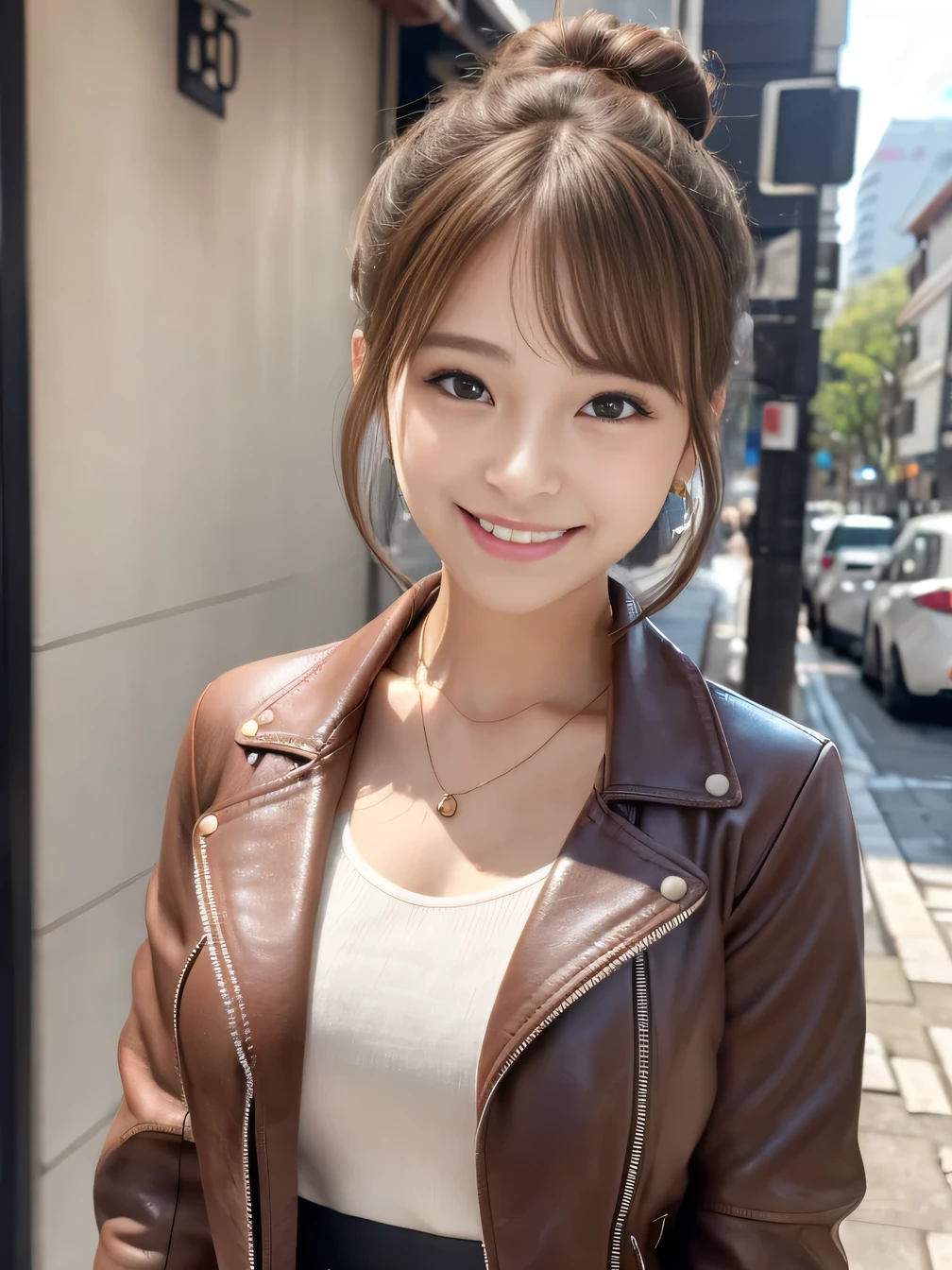 Ultra-high resolution, Superior Quality, highest quality, Very detailed, Realistic, 8k, RAW Photos, highest quality, masterpiece, Attractive girl, Awesome girl, Light brown hair、Hairstyle bun、 Japanese Idols, Sophisticated, stylish, leather jacket、shirt、smile、Beautiful teeth alignment、Ear piercing、Necklace around the neck、
