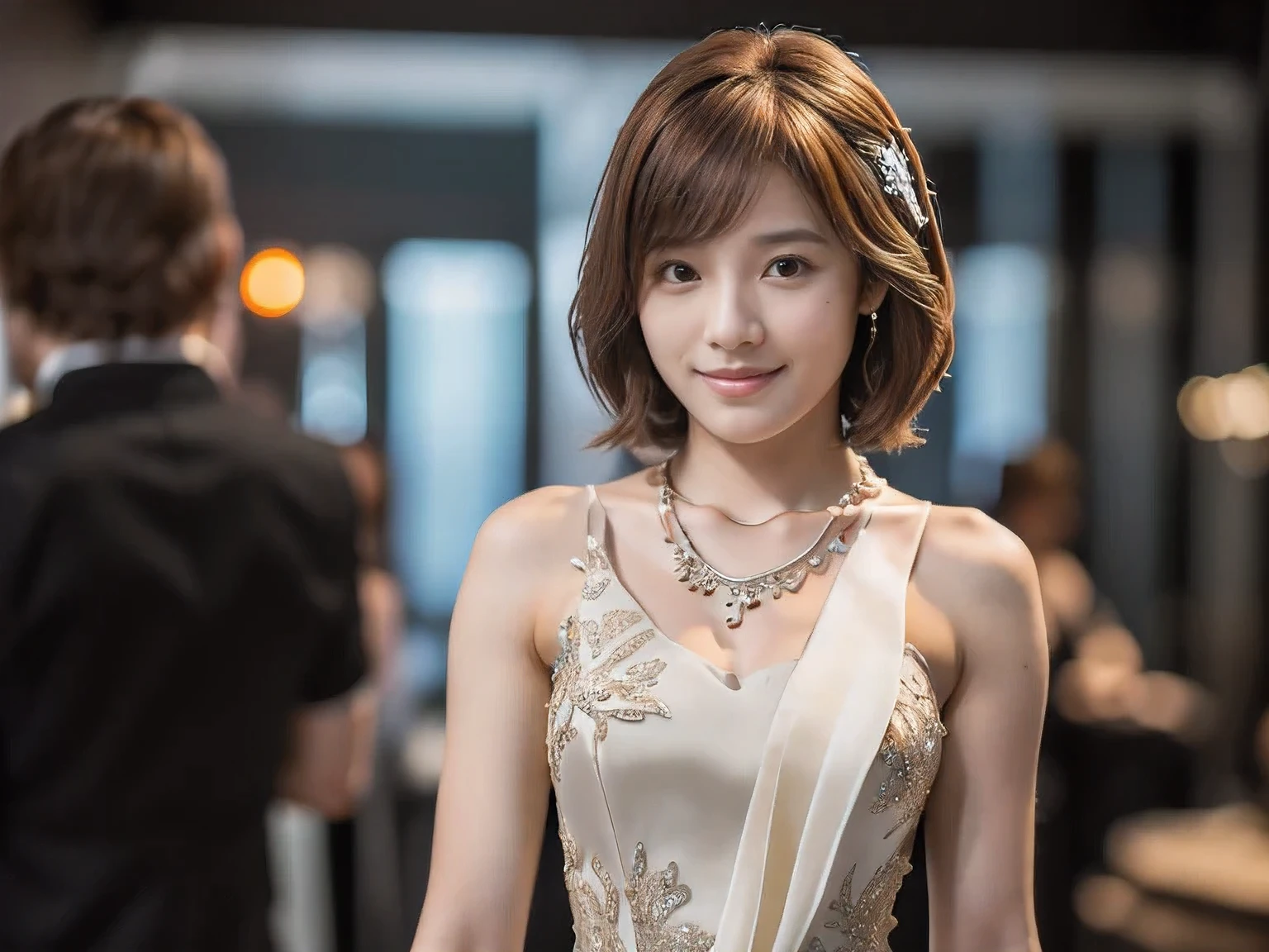 (An 18-year-old woman at a party:1.5)、(Gentle smile:1.2)、(The best quality at its best:1.4), (Super detailed), (Very detailed CG unified 16k), Beautiful woman with perfect figure: 1.4, Sharp focus: 1.2, Very detailed, High-quality RAW color photos, Professional photography, Great face and eyes, cosmetics, (Amazingly beautiful girl), ((Formal party dress:1.5)), Sexy posture,(View from below), Realistic movie faces, Full body long view from head to toe, Realistic, ((Realistic natural orange red hairstyle)), ( Short Bob Hair:1.5), (necklace:1.5)、, Very beautiful face, Perfect model beauty, Mouth swelling, Highly detailed face and skin texture, Fine grain, double eyelid, Medium chest, smile, (masterpiece), highest quality, High resolution, Very detailed, Blurred Background, Depth of written boundary, Cinema Lighting, Great legs, , Clear, well-maintained skin,((Full Body Shot:1.5))