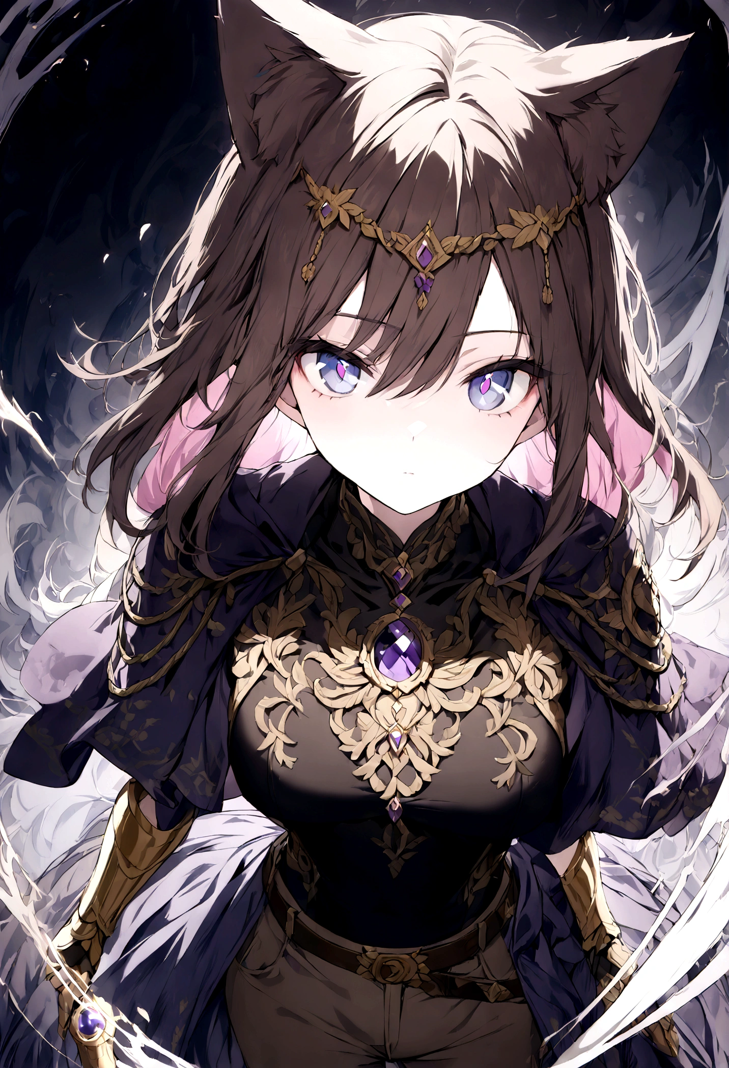 (1girl, Masterpiece, best quality) (detailed and beautiful eyes:1.6) (perfect hands, perfect anatomy) ( A young female character with long, brown hair featuring lighter streaks, styled in loose waves. She has striking (purple eyes and a confident, slightly defiant expression). She has distinctive cat-like ears, brown with pink inner fur. She wears a black form-fitting top adorned with gold and red accents, including intricate patterns. Over this, she has a dark-purple cloak covering with gold detailing. Accessories include a fiolet gemstone necklace and a belt with gold ornaments. The character is depicted in a dynamic low-angle shot, giving a sense of power and movement. The background is abstract with a gradient from dark to light hues, adding depth and emphasizing the character. The lighting is warm and dramatic, with strong highlights and shadows enhancing the overall design. She has a brown belt with dark fiolet accents cinched around her waist and wears brown pants with armored greaves.