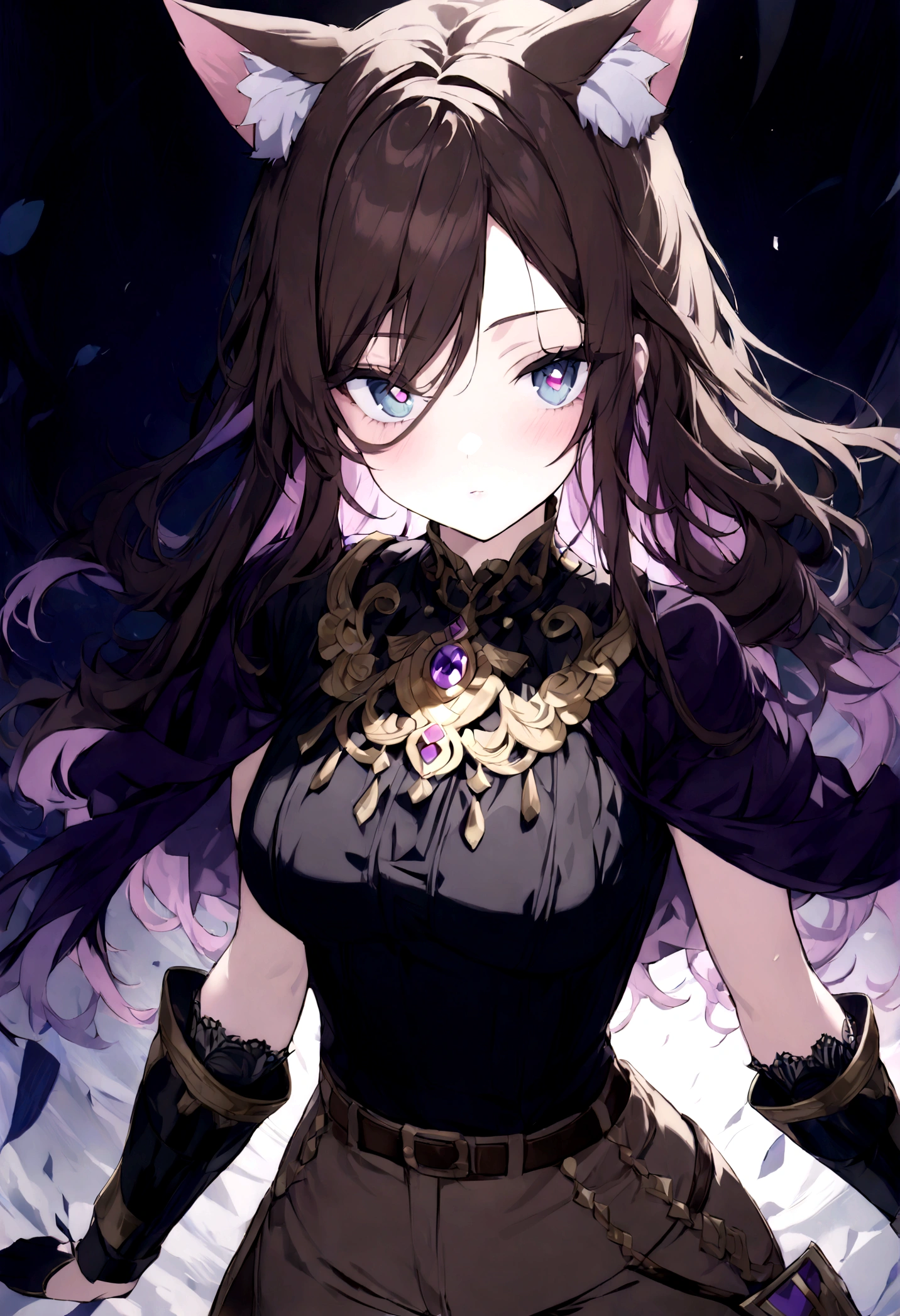 (1girl, Masterpiece, best quality) (detailed and beautiful eyes:1.6) (perfect hands, perfect anatomy) ( A young female character with long, brown hair featuring lighter streaks, styled in loose waves. She has striking (purple eyes and a confident, slightly defiant expression). She has distinctive cat-like ears, brown with pink inner fur. She wears a black form-fitting top adorned with gold and red accents, including intricate patterns. Over this, she has a dark-purple cloak covering with gold detailing. Accessories include a fiolet gemstone necklace and a belt with gold ornaments. The character is depicted in a dynamic low-angle shot, giving a sense of power and movement. The background is abstract with a gradient from dark to light hues, adding depth and emphasizing the character. The lighting is warm and dramatic, with strong highlights and shadows enhancing the overall design. She has a brown belt with dark fiolet accents cinched around her waist and wears brown pants with armored greaves.