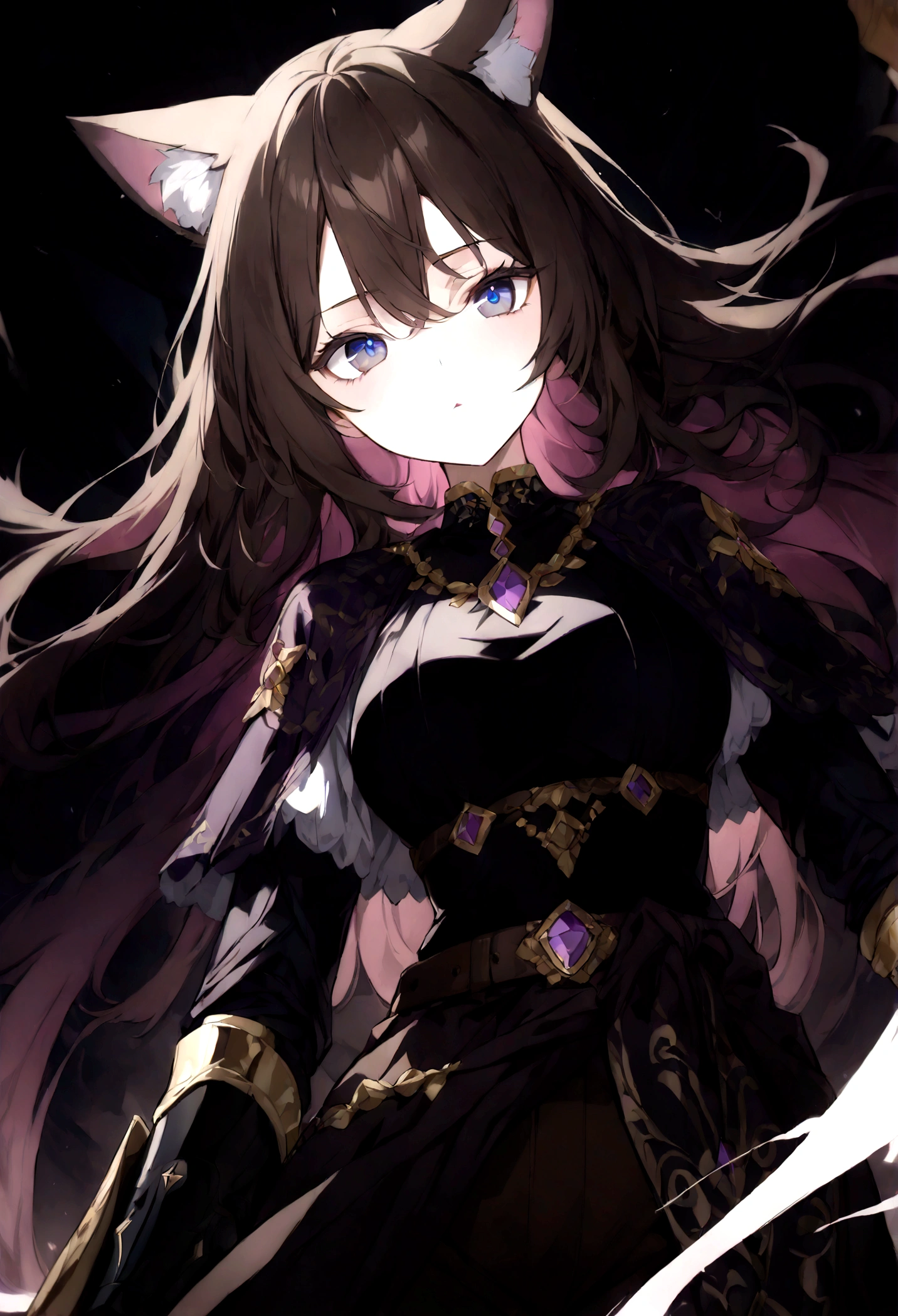 (1girl, Masterpiece, best quality) (detailed and beautiful eyes:1.6) (perfect hands, perfect anatomy) ( A young female character with long, brown hair featuring lighter streaks, styled in loose waves. She has striking (purple eyes and a confident, slightly defiant expression). She has distinctive cat-like ears, brown with pink inner fur. She wears a black form-fitting top adorned with gold and red accents, including intricate patterns. Over this, she has a dark-purple cloak covering with gold detailing. Accessories include a fiolet gemstone necklace and a belt with gold ornaments. The character is depicted in a dynamic low-angle shot, giving a sense of power and movement. The background is abstract with a gradient from dark to light hues, adding depth and emphasizing the character. The lighting is warm and dramatic, with strong highlights and shadows enhancing the overall design. She has a brown belt with dark fiolet accents cinched around her waist and wears brown pants with armored greaves.
