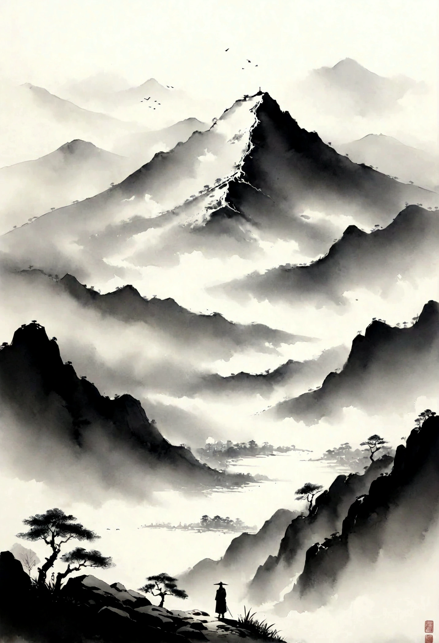 (大量留white:1.5),white, white色背景, simple, Minimalism, abstract,Freehand,Aesthetic,黑与white,Ink Painting,antiquity,a mountain,People in the distance