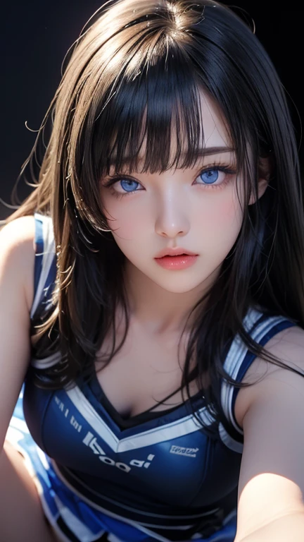 masterpiece, highest quality, Very detailed, To the camera, 複雑に詳細なVery detailed, Realistic, Sharp features, Very detailed, Sharp focus, Perfect Face, Perfect Face, Perfect symmetry and perfect eyes, Perfect Plump Lips, Flexible female form, Cinematic, Film Light, Very detailed, hyper Realistic, masterpiece, Atmospheric, High resolution, Vibrant, Dynamic Studio Lighting, ((Dark Background)), The expression when enduring pleasure, Straight bangs, 、blue eyes、Cheerleader uniforms、Exposed thighs、