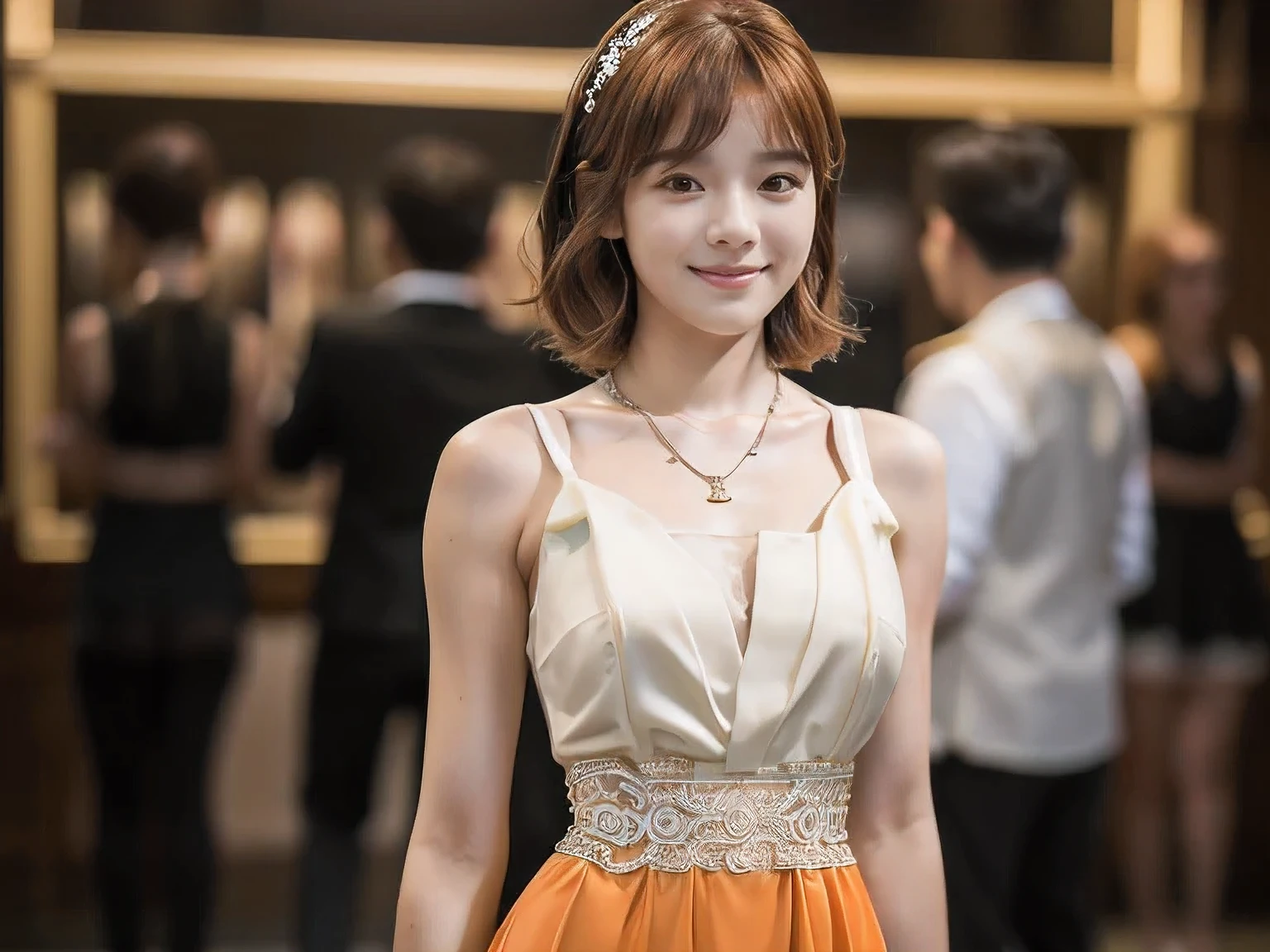 (An 18-year-old woman at a party:1.5)、(Gentle smile:1.2)、(The best quality at its best:1.4), (Super detailed), (Very detailed CG unified 16k), Beautiful woman with perfect figure: 1.4, Sharp focus: 1.2, Very detailed, High-quality RAW color photos, Professional photography, Great face and eyes, cosmetics, (Amazingly beautiful girl), ((Formal party dress:1.5)), Sexy posture,(View from below), Realistic movie faces, Full body long view from head to toe, Realistic, ((Realistic natural orange red hairstyle)), ( Short Bob Hair:1.5), (necklace:1.5)、, Very beautiful face, Perfect model beauty, Mouth swelling, Highly detailed face and skin texture, Fine grain, double eyelid, Medium chest, smile, (masterpiece), highest quality, High resolution, Very detailed, Blurred Background, Depth of written boundary, Cinema Lighting, Great legs, , Clear, well-maintained skin,((Full Body Shot:1.5))
