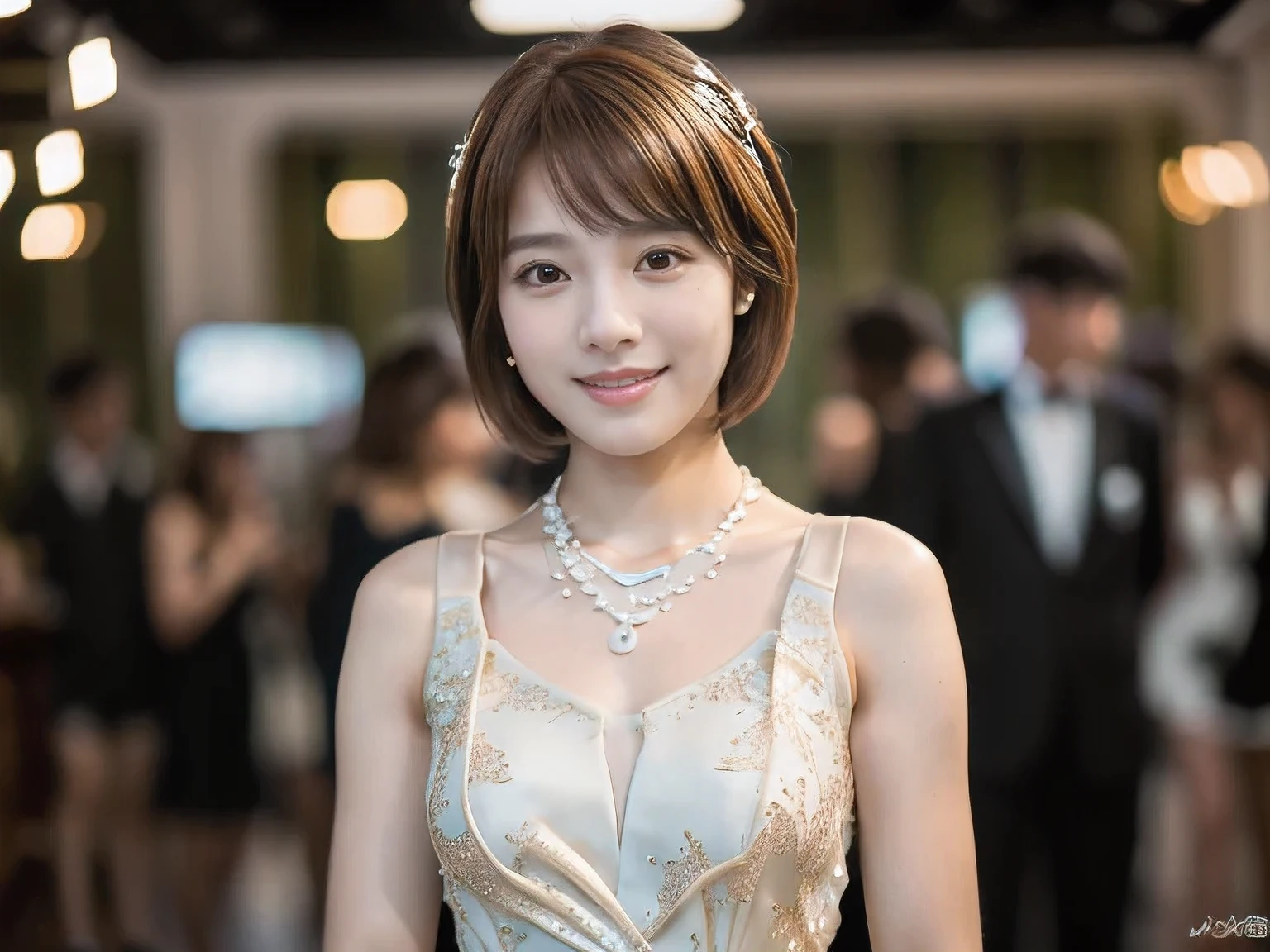 (An 18-year-old woman at a party:1.5)、(Gentle smile:1.2)、(The best quality at its best:1.4), (Super detailed), (Very detailed CG unified 16k), Beautiful woman with perfect figure: 1.4, Sharp focus: 1.2, Very detailed, High-quality RAW color photos, Professional photography, Great face and eyes, cosmetics, (Amazingly beautiful girl), ((Formal party dress:1.5)), Sexy posture,(View from below), Realistic movie faces, Full body long view from head to toe, Realistic, ((Realistic natural orange red hairstyle)), ( Short Bob Hair:1.5), (necklace:1.5)、, Very beautiful face, Perfect model beauty, Mouth swelling, Highly detailed face and skin texture, Fine grain, double eyelid, Medium chest, smile, (masterpiece), highest quality, High resolution, Very detailed, Blurred Background, Depth of written boundary, Cinema Lighting, Great legs, , Clear, well-maintained skin,((Full Body Shot:1.5))