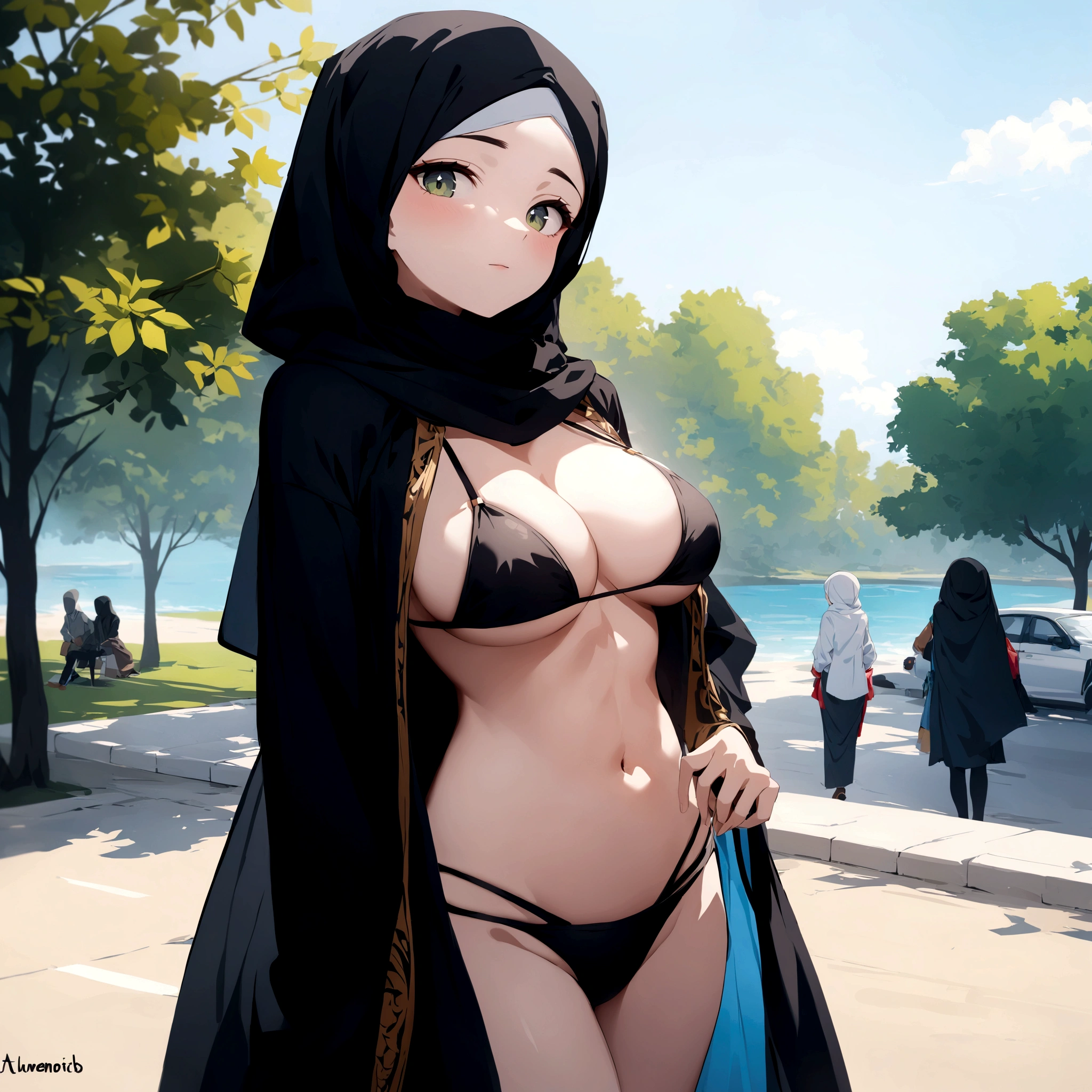 hijab with black bikini looking at viewer muslim muslim female outdoor public