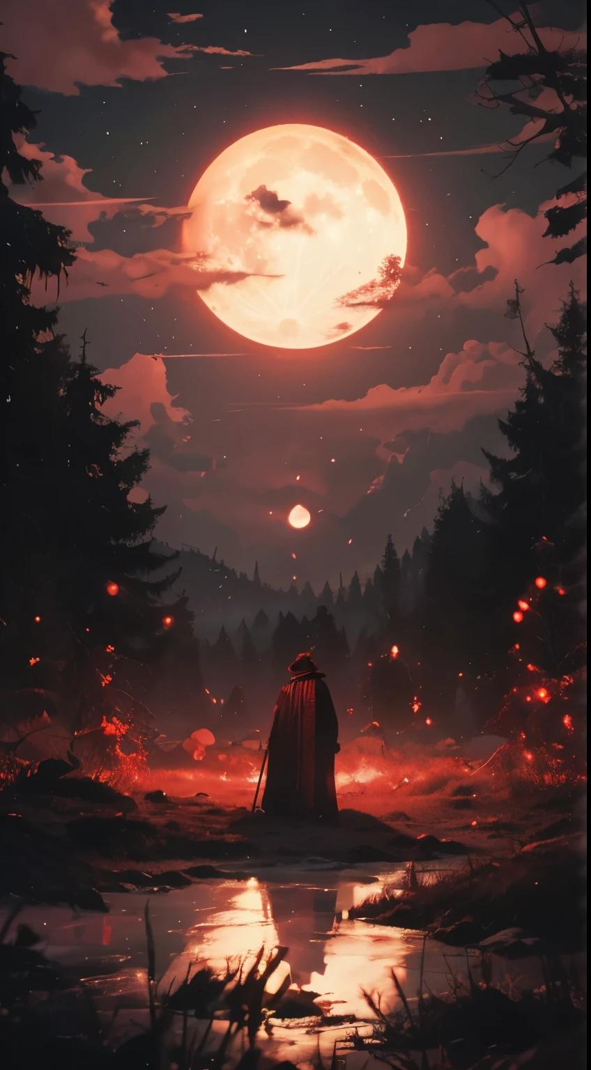 Make the red moon green, and make the size of the moon overwhelmingly big, it's glow spreading around. The man standing alon is replaced with a swirling vortex of dark fog with its tendrils writhing around. The forest is under snow. Make it seem cold.