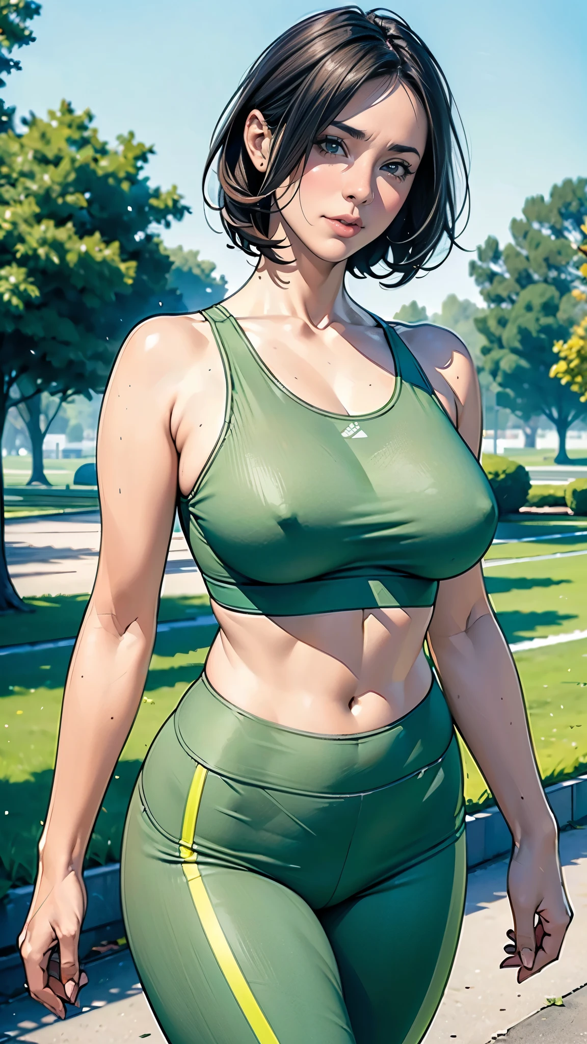 (masterpiece:1.2, highest quality), (Realistic, photoRealistic:1.4),1 female,Mature Woman,Short Bob,48 years old,Woman taking a walk,(Sports Bra),(leggings),(Green park in the background),(((Background Blur)))