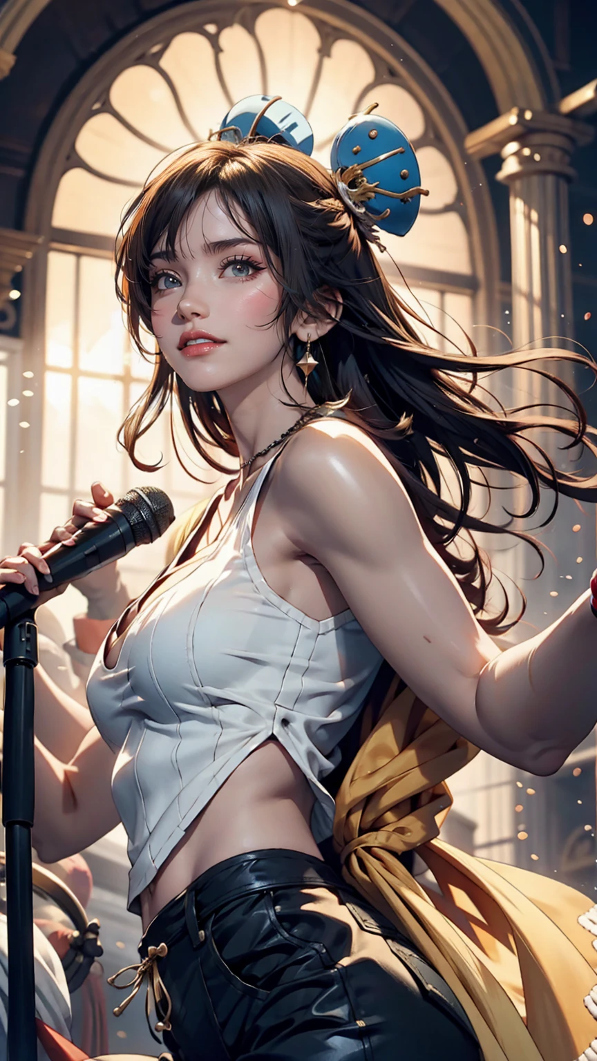 ((A very cute woman holding a microphone and singing a song, wearing an extreme microstring of white silk, a loincloth of white silk strings, is surrounded by a sexually aroused crowd at a very crowded station)), ((wearing a white silk swooping open shirt: 1.5)), (((Big: 1.4, drooping breasts: 1.5)))), 8k, RAW photo, (((Full body shot)), ( Highly detailed skin: 1.2), (exposed: 1.5), (exposed breasts: 1.5), (exposed back: 1.5), (exposed shoulders: 1.1), (exposed crotch: 1.5), photos, masterpieces, top quality, dark gray background, (beautiful brown eyes, long light brown hair, white skin, huge soft breasts and beautiful abs, two, two areolas, bright blond pubic hair), various poses, Ultra-detailed face, detailed eyes, ((no close-up)).