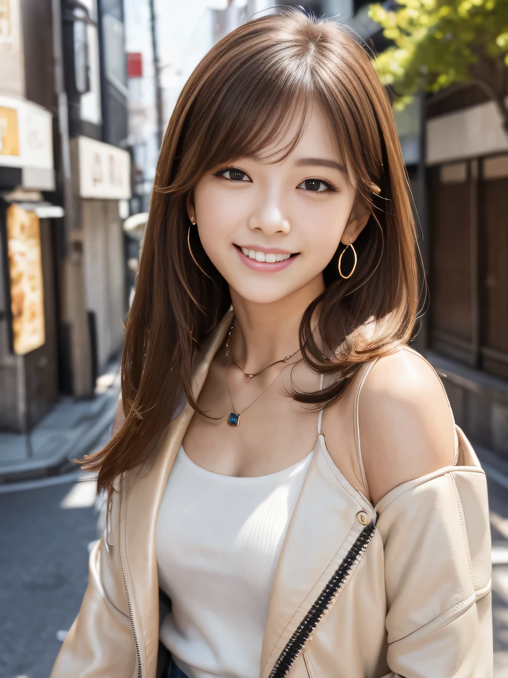 Ultra-high resolution, Superior Quality, highest quality, Very detailed, Realistic, 8k, RAW Photos, highest quality, masterpiece, Attractive girl, Awesome girl, Light brown hair、Shoulder-length layers、 Japanese Idols, Sophisticated, stylish, leather jacket、shirt、smile、Beautiful teeth alignment、ear piercing、Necklace around the neck、