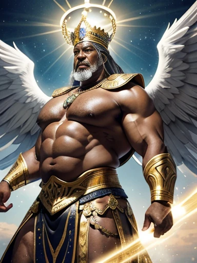 Hyperrealistic image of an elderly man over 79 years old, gray-haired Senegalese warrior archangel superhero with huge open white wings with a huge crown of gold and gems and a halo of light on his head super heavy and very fat very handsome bodybuilder with huge flabby pecs and very large and pointed nipples very sweaty jumping in the air in a sky of very white clouds wearing only a leather and gold Roman skirt